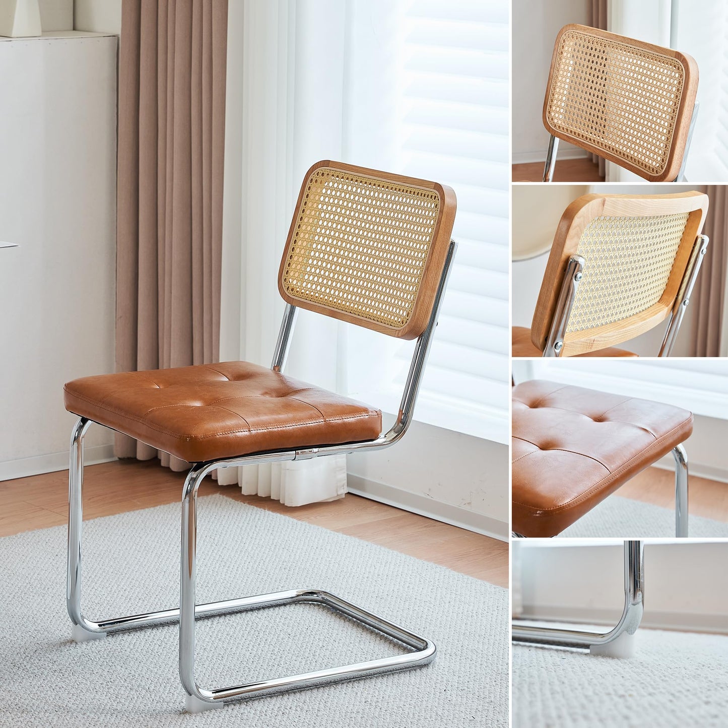 Niusonlan Rattan Cantilever Dining Chair, Single Modern Armless Chair with Chrome Steel Frame, PU Leather Seat and Rattan Backrest, 17.7" Seat Height Kitchen & Dining Room Chair (Brown, Set of 2)