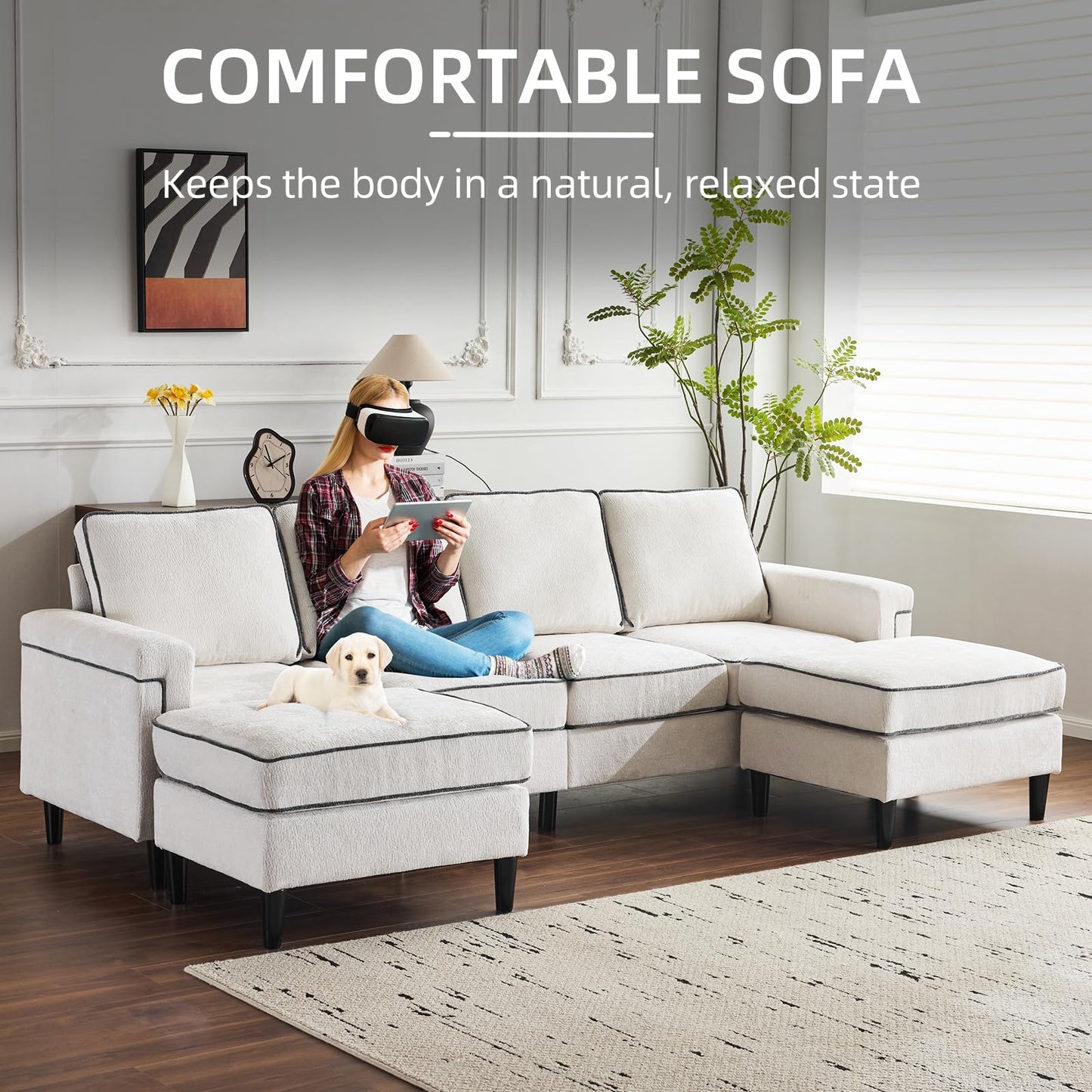 Cloud Couch - Luxurious White Chenille Fabric 102.36Inch U-Shaped Sectional Sofa for Living Room, Small Spaces, and Modern Homes - High-Density Sponge, 1000 lbs Weight Capacity (White)