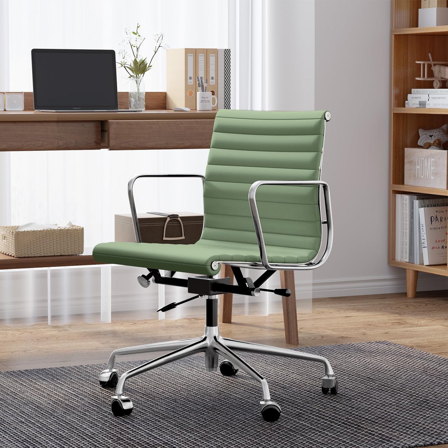 OTDMEL Ribbed Office Chair with Top Grain Leather - Mid Back Ergonomic Desk Chair with Aluminum Arms & Frame, Swivel Wheels & Tilt Function, Adjustable Height Light Green