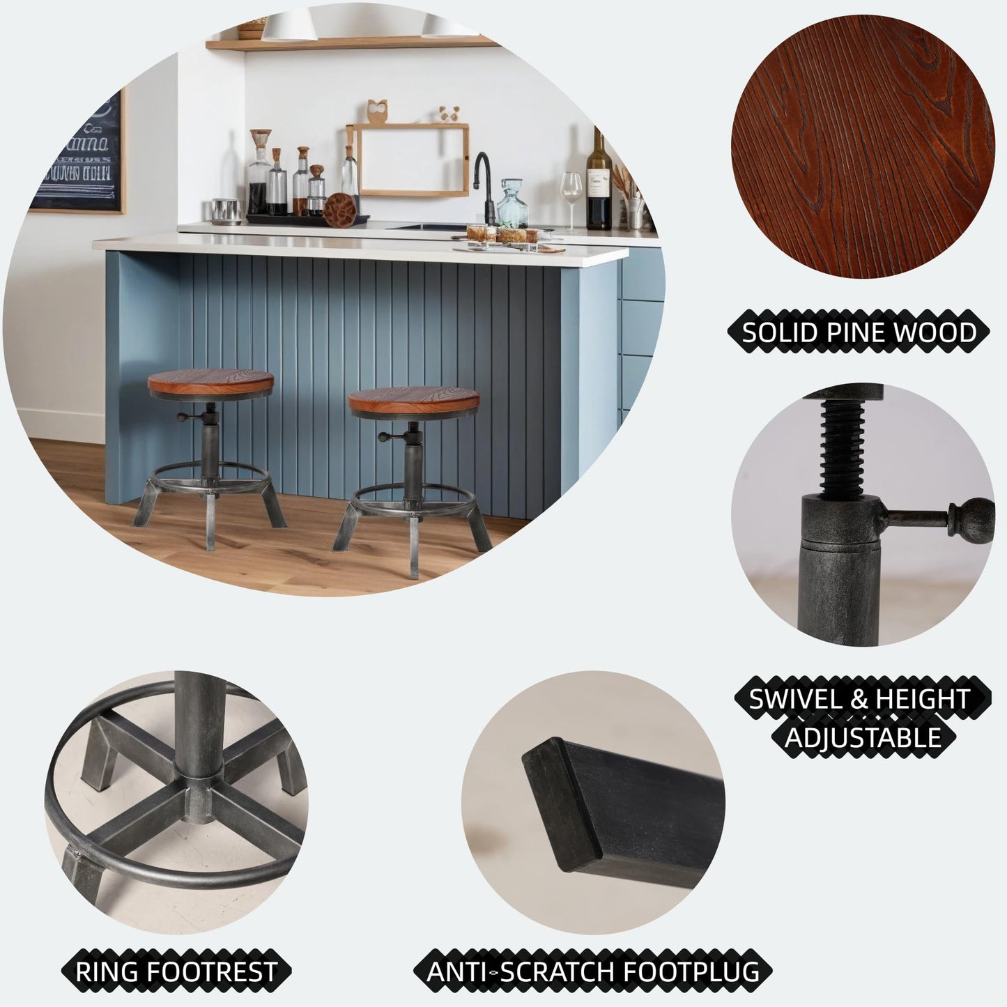 BOKKOLIK Set of 2-Industrial Bar Stool-Counter Height Chairs- Swivel Wooden Seat- Adjustable 15.2-21"