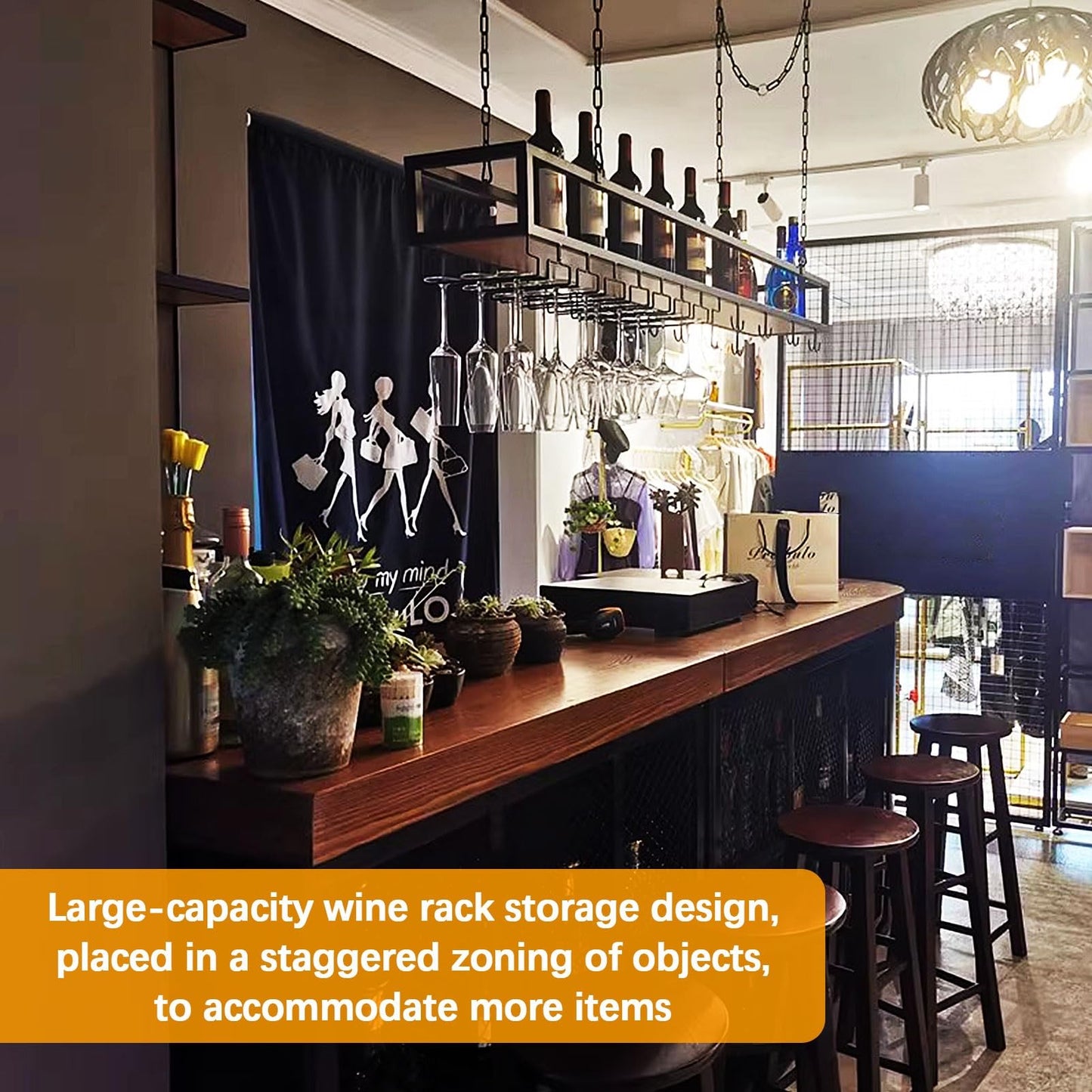 60cm -140cm Wine Rack with Glass Holder,Adjustable Industrial Wine Rack Shelf for Wall,Hanging Wine Glass Rack Holder for Bar, Cafe, Kitchen, Metal Iron Wine Shelf Ceiling Mounted (Size : 1 ()