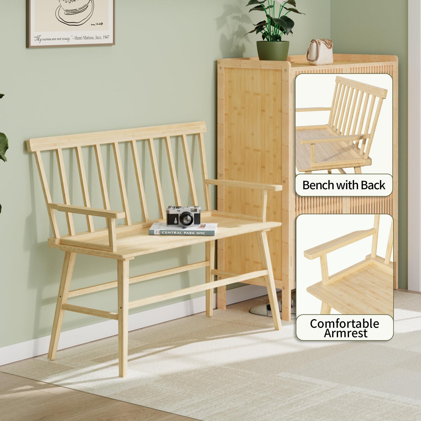 Wisuce Essentials Bamboo Dining Bench, Entryway Bench with Spindle Back Farmhouse Wood Windsor for Foyer Balcony Living Room (Nature)