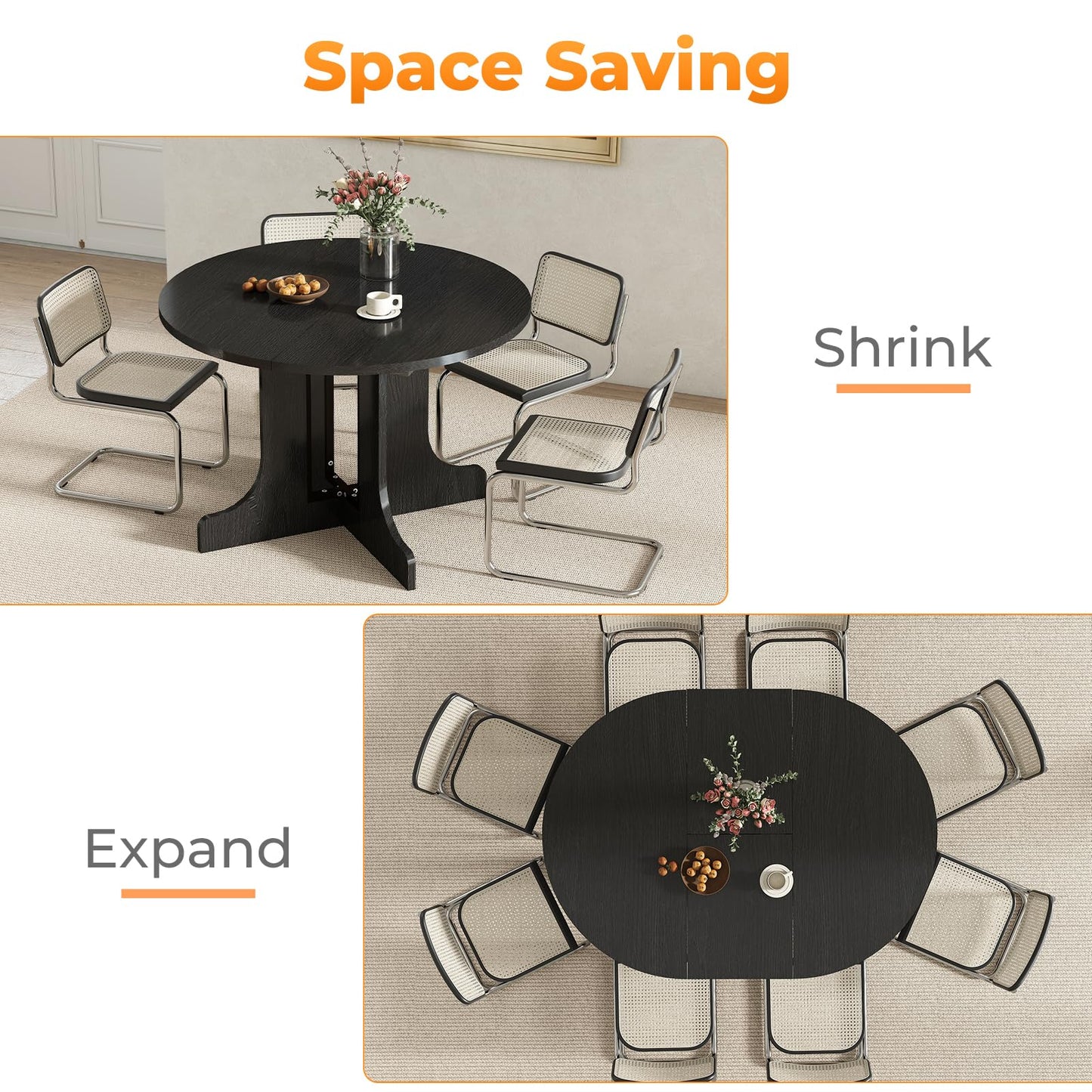 Zevemomo 43"-59" Round Expandable Dining Table, Extendable Dining Room Table for 4-6, Oval Tabletop with Wood Base Removable Leaf, Modern Black Circle Dinner Table for Kitchen Room Living Room