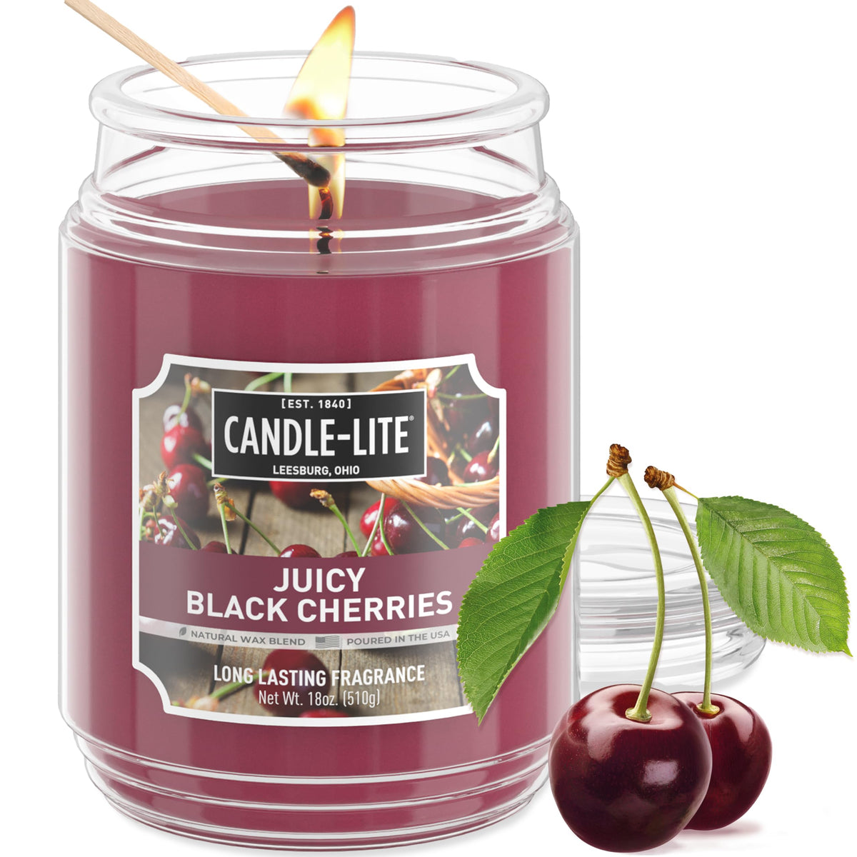 CANDLE-LITE Scented Juicy Black Cherries Fragrance, One 18 oz. Single-Wick Aromatherapy Candle with 110 Hours of Burn Time, Dark Red Color, Jar