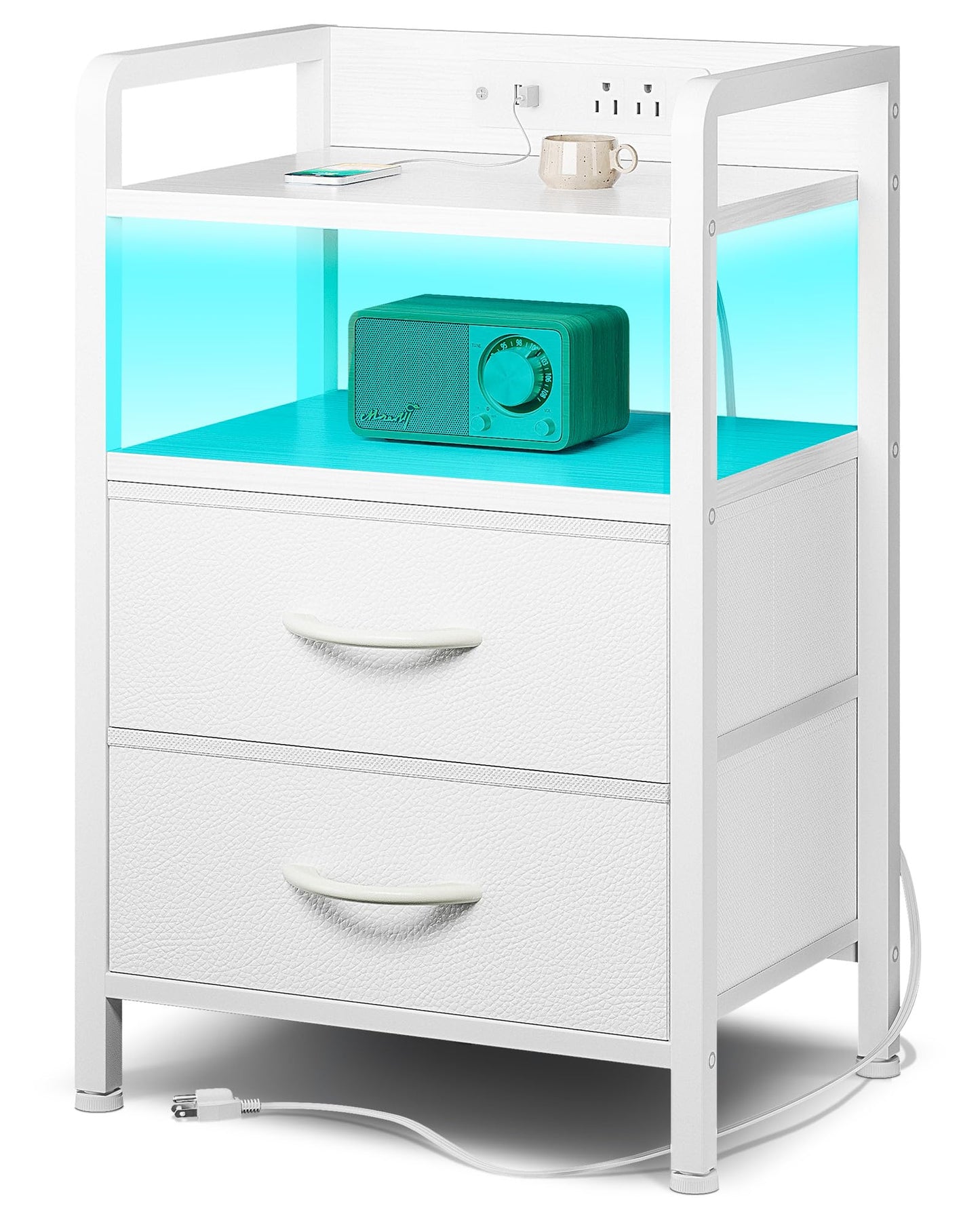 Lazzanto Night Stand Bedside Table Bedroom - White Nightstand with Charging Station & LED Light Strip, Morden Bed Side End Table with Storage Shelf & 2 Fabric Drawers, U-S-B Ports & AC Outlets
