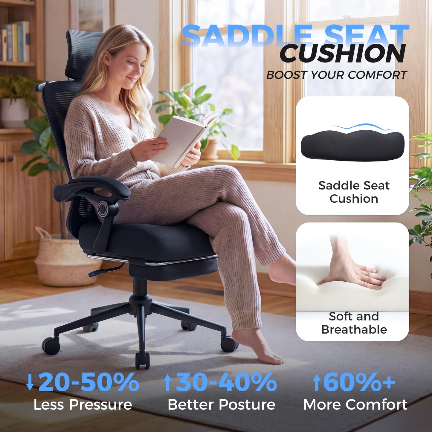 Ergonomic Office Chair - Adjustable Lumbar & Headrest, 90-160° Reclining with Footrest, Breathable Mesh Back - Home Office/Gaming Computer Chair (Modern, Black)