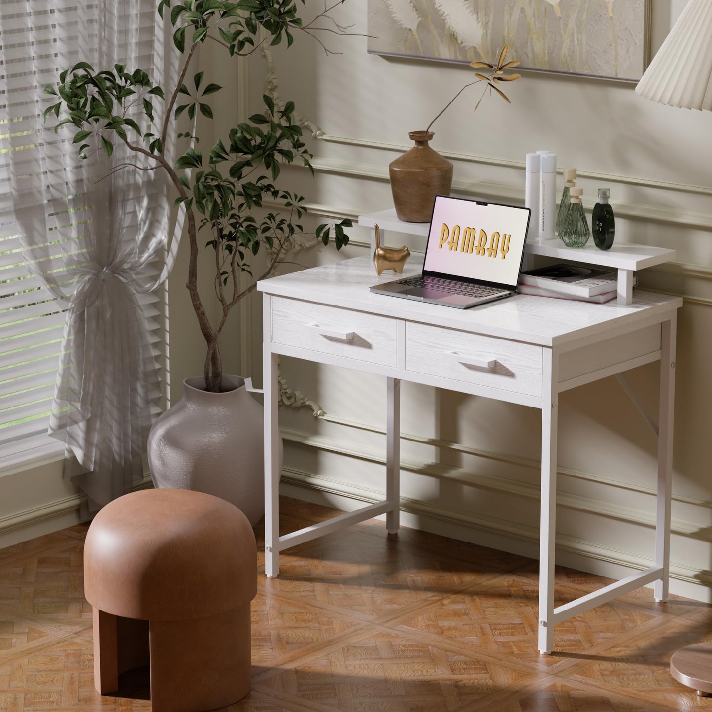 Pamray 32 Inch Small Computer Desk with Monitor Stand Home Office Desks with 2 Drawers for Bedroom Study Writing and Work Table for Small Spaces White