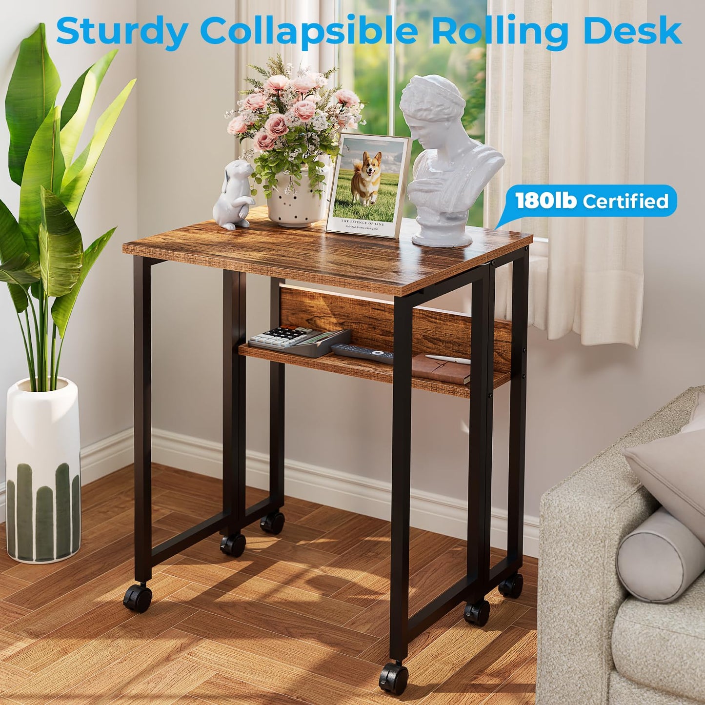 GreenForest Folding Desk with Wheels, 31.5 Inch Compact Rolling Computer Table with Storage Shelf, Portable Mobile Workstation for Small Spaces, Easy Assembly, Walnut