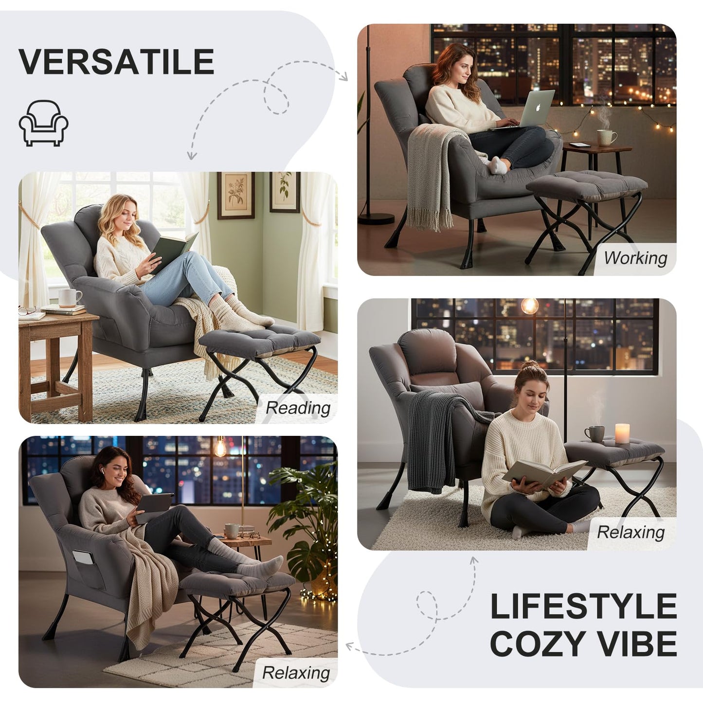 Furlide Lazy Chair with Ottoman, Comfy Fabric Accent Lounge Arm Chair with Lumbar Pillow and Folding Footrest, Reading Leisure Sofa Armchair for Bedroom, Living Room, Dorm,Dark Grey