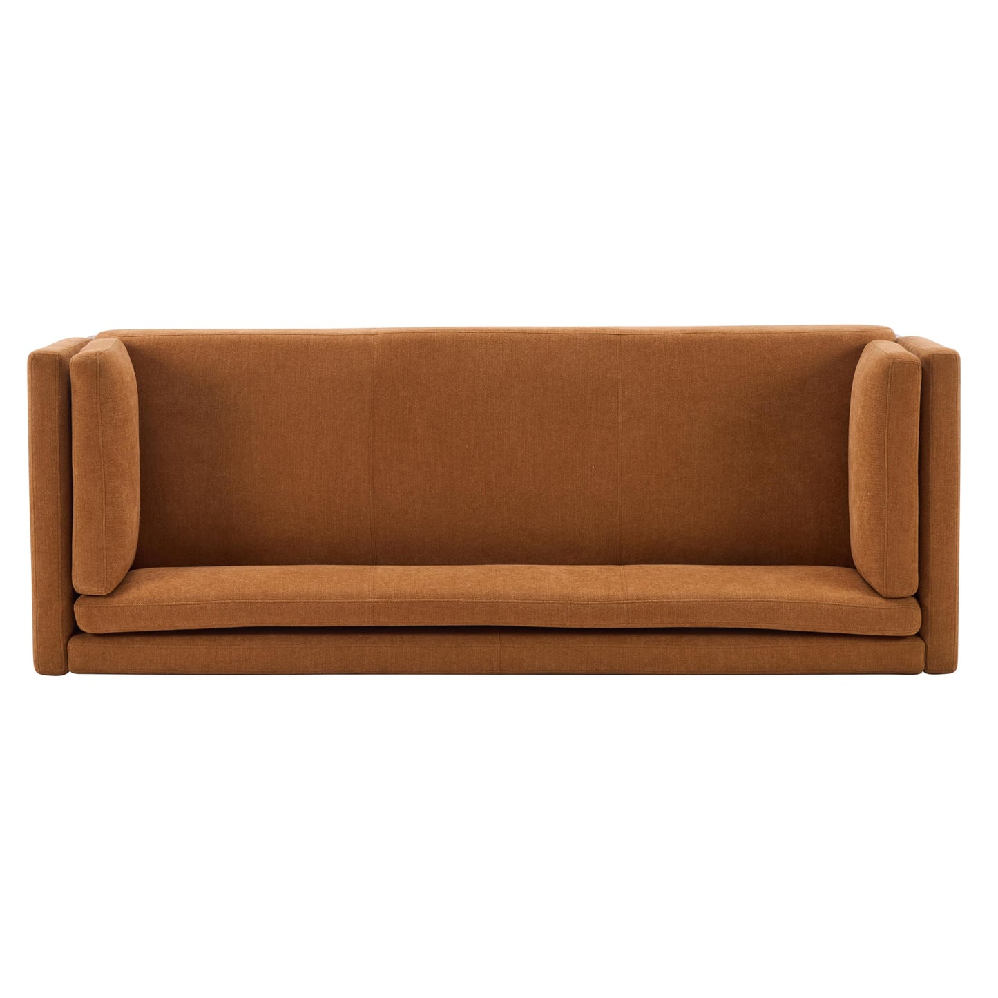 Christopher Knight Home 87" Recessed Modern Sofa Couch, 3 Seater Deep Seat Upholstered Polyester Fabric Sofa with Straight Back, Arms & Solid Wood Frame, Accent Sofa for Living Room Bedroom, Caramel