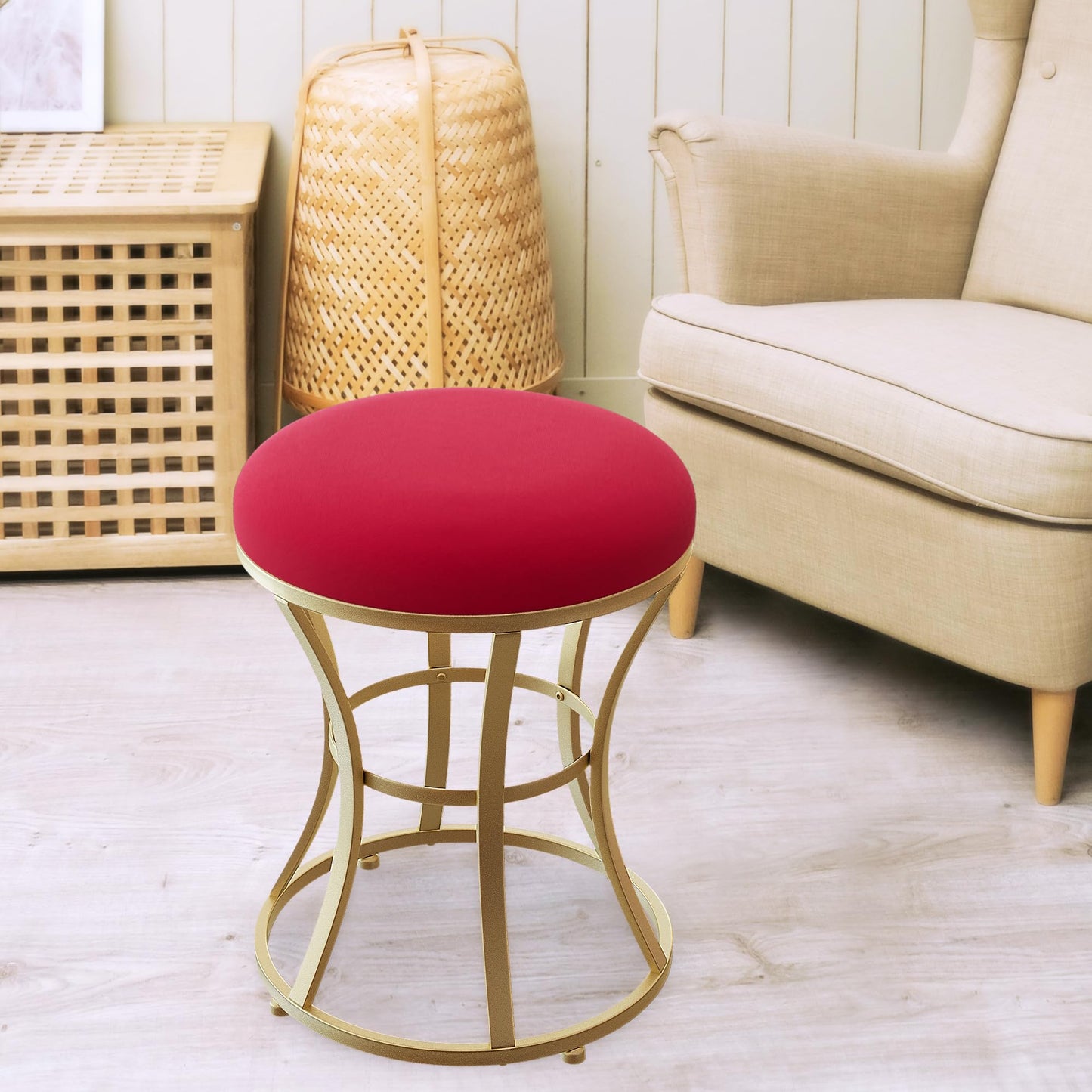 Ellensamqi Velvet Round Vanity Stool,Red Velvet Footrest Ottoman Foot Stool Seat with Golden Metal Legs,Makeup Chair for Bathroom Vanity,Bedroom,Living Room