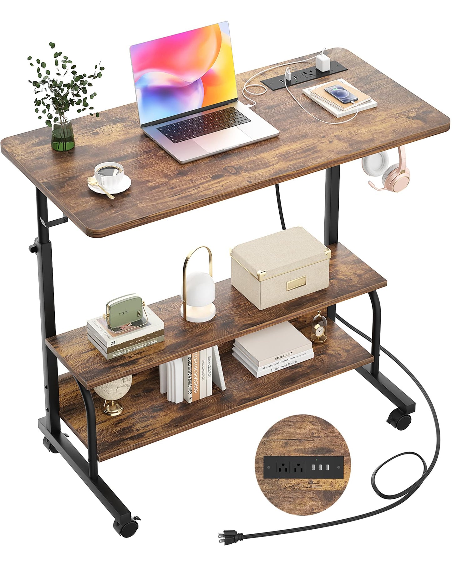 Armocity Rolling Standing Desk with Charging Station, Portable Height Adjustable Mobile Computer Desk with Wheels & 2-Tier Shelves & Hooks, Easy Assembly Laptop Table for Couch Bed, 32" Rustic Brown