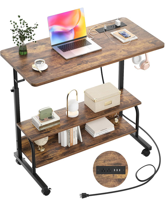 Armocity Rolling Standing Desk with Charging Station, Portable Height Adjustable Mobile Computer Desk with Wheels & 2-Tier Shelves & Hooks, Easy Assembly Laptop Table for Couch Bed, 32" Rustic Brown