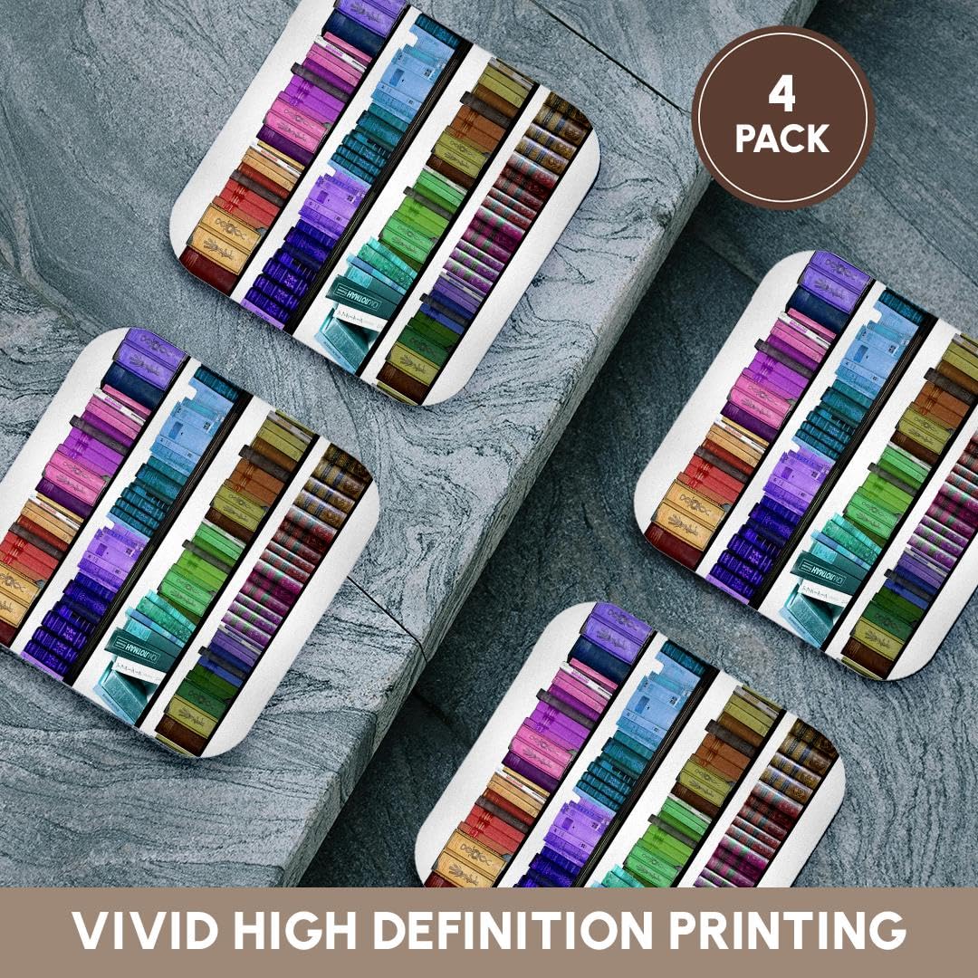 3dRose CST_112957_1 Colorful Bookshelf Books Rainbow Bookshelves Reading Book Geek Library Nerd Librarian Author Soft Coasters, Set of 4