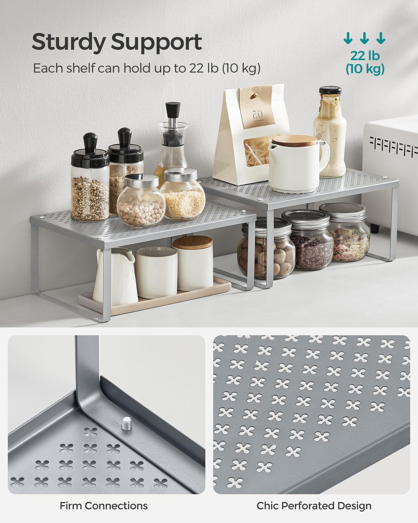 SONGMICS Spice Racks, Set of 2 Metal Cabinet Shelf Organizers, Countertop Organizers, Shelf Risers, Stackable, Expandable, Silver UKCS01SV