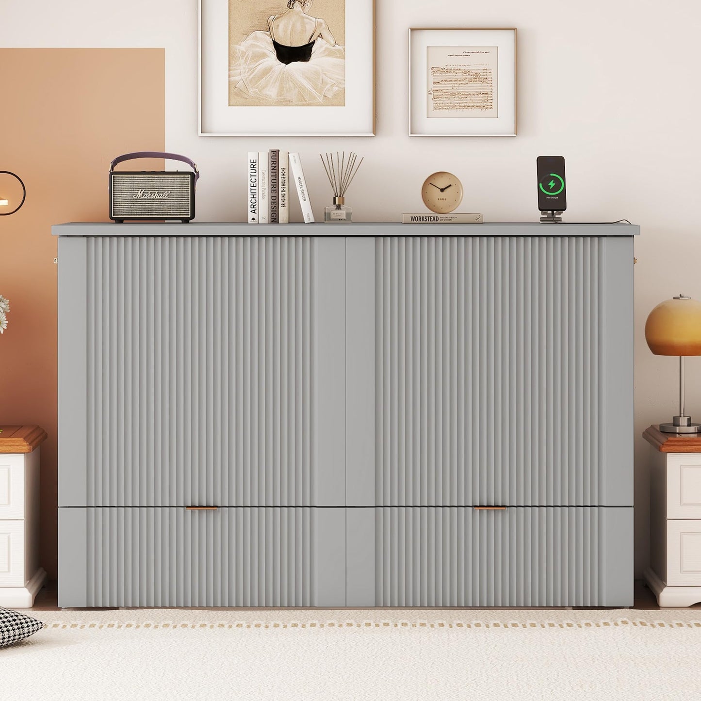 KOYVRY Murphy Bed Cabinet - Hidden Murphy Beds with Pulley Structure Design and Flexible Slats, Murphy Bed Dresser with 2 Drawers, 2 Storage Cabinets and Sockets & USB Ports (Gray, Full)
