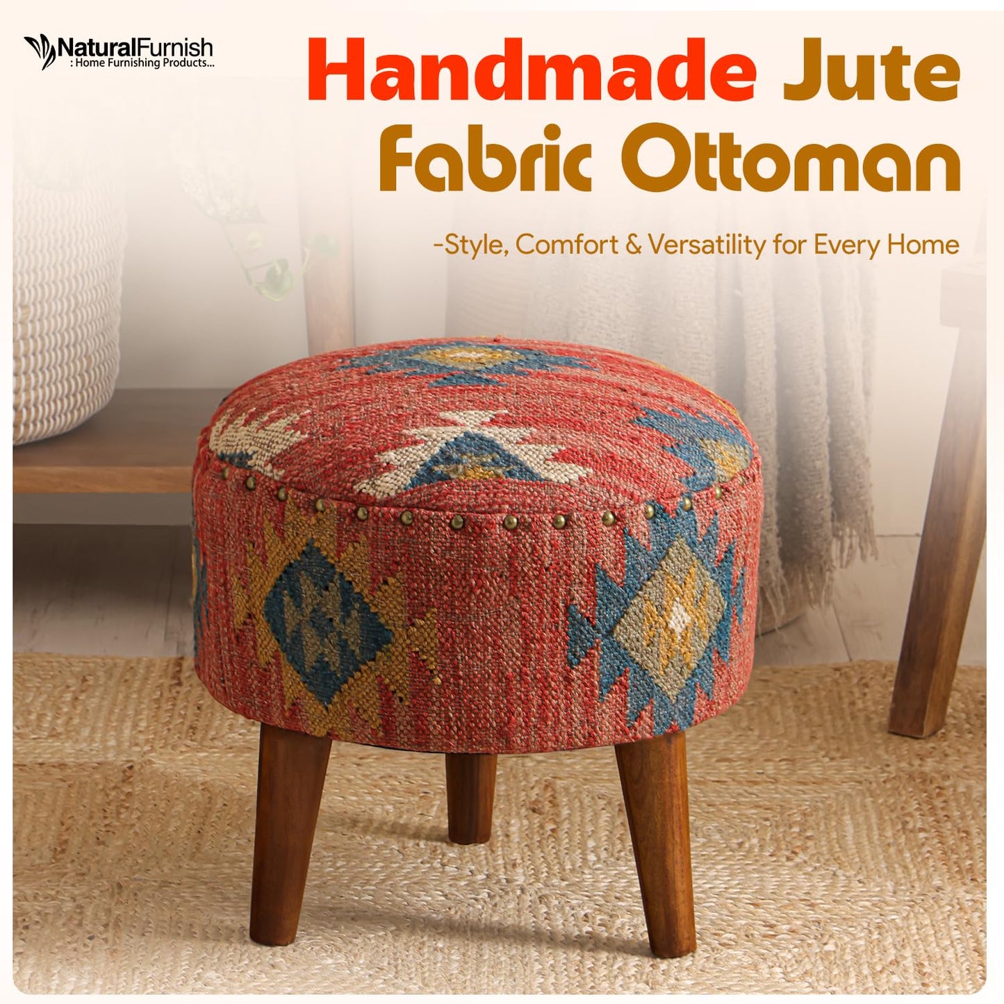NATURAL FURNISH Handmade Kilim Jute Pouf Ottoman Stool | Round Upholstered Seating with Acacia Wood Legs | Decorative Foot Rest for Living Room, Bedroom, Reading Room & Lounge (Red)