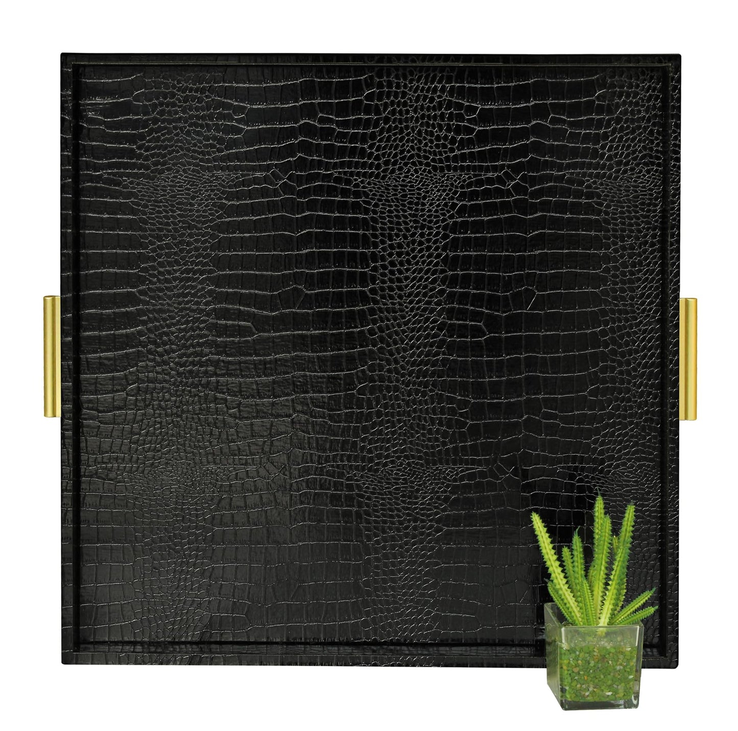 HofferRuffer Extra Large Square Serving Tray, Elegant Faux Leather Ottoman Tray with Gold Hardware Handles, Serve Tea, Coffee or Breakfast in Bed, 24 x 24 inches (Black Croco)
