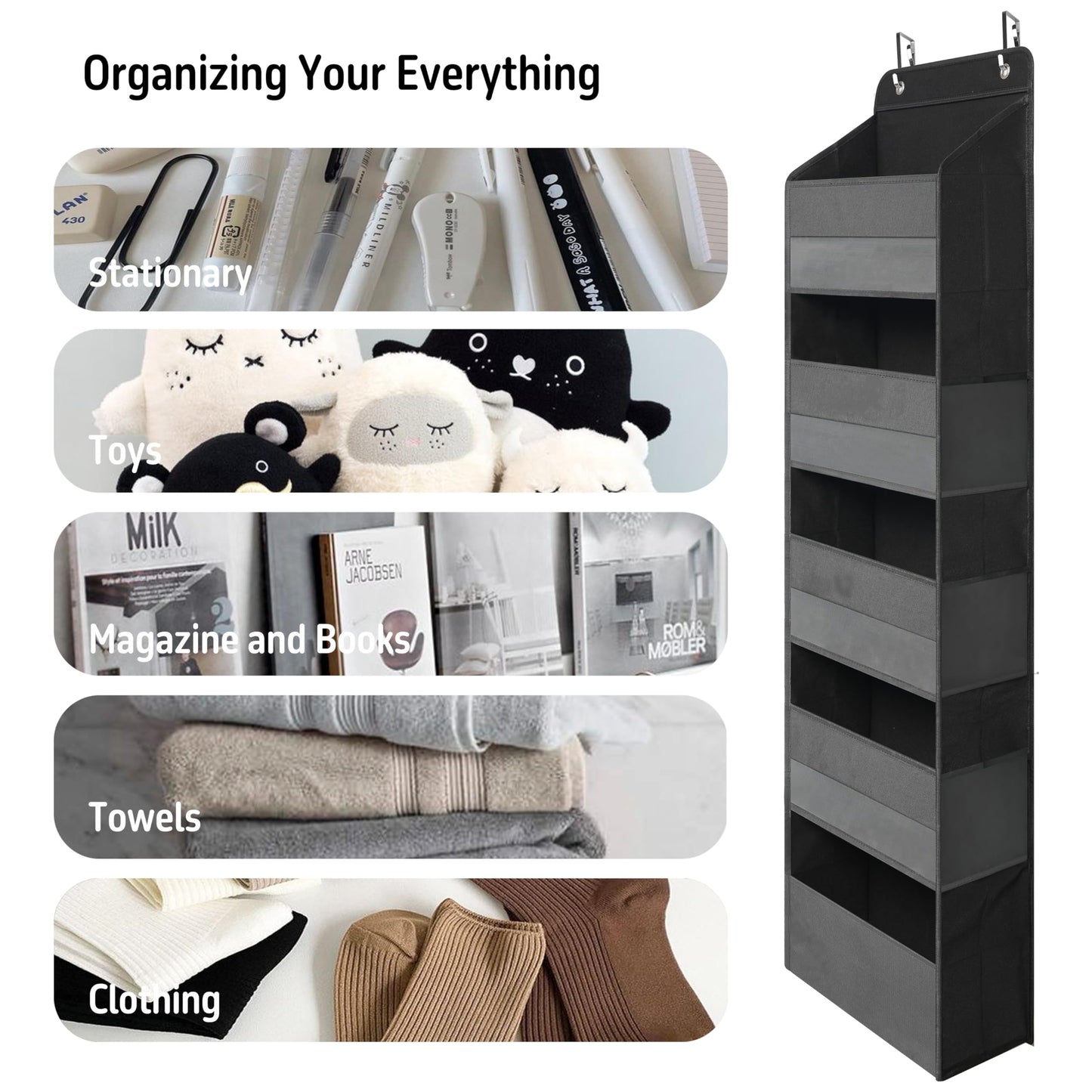 TYMENSH Black Over Door Organizer with 5 Large Clear Pockets and 6 Side Mesh Pockets, Anti-Tilt Hanging Door Storage for Closet, Bathroom, Nursery, Bedroom, Dorm, Toys, Cosmetics