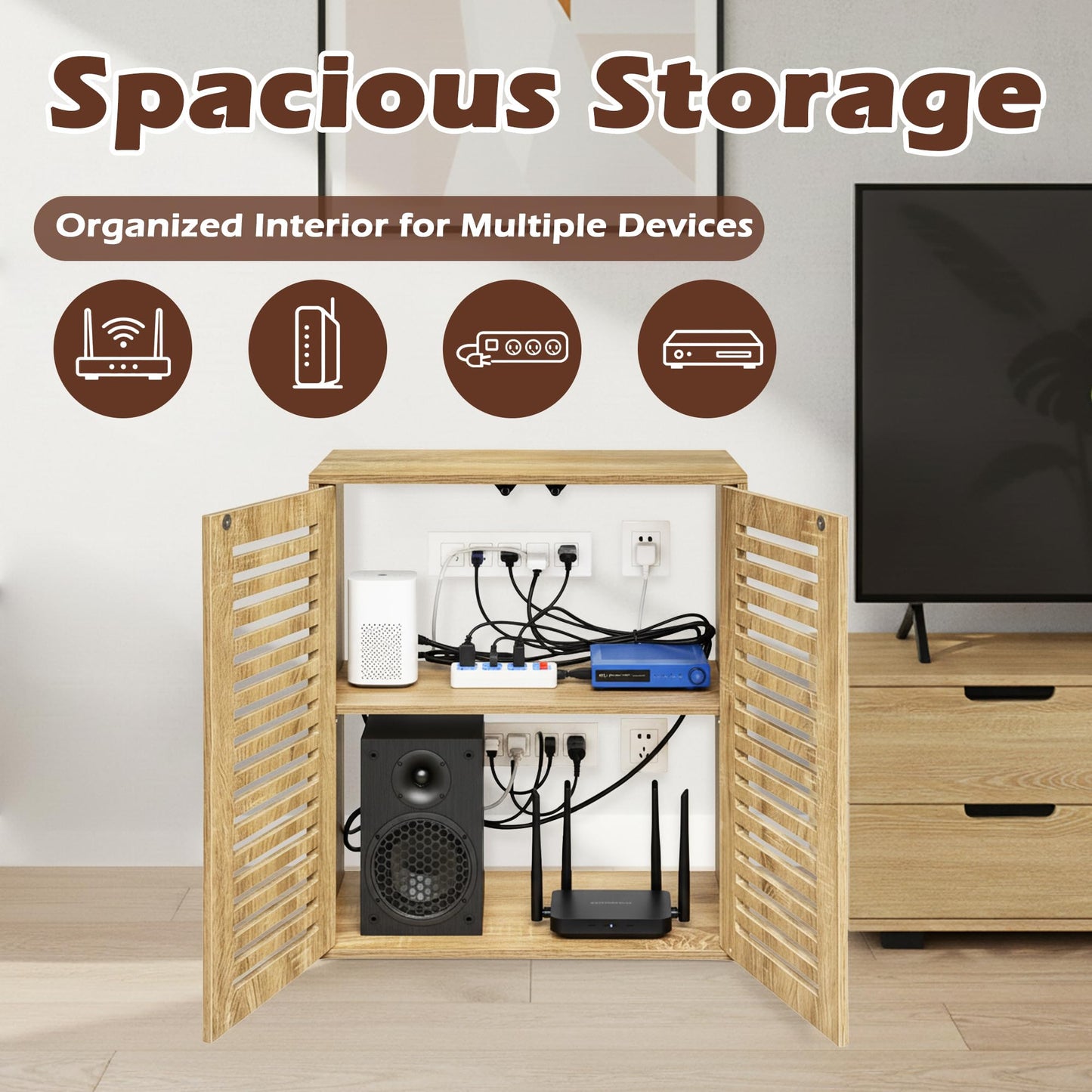 WiFi Router Storage Cabinet, Floor Standing Router Storage Box Modem, Multi-Functional Router Storage Box, Power Strip and Cable Management Hider Organizer for Living Room, Office, Bedroom, White Oak