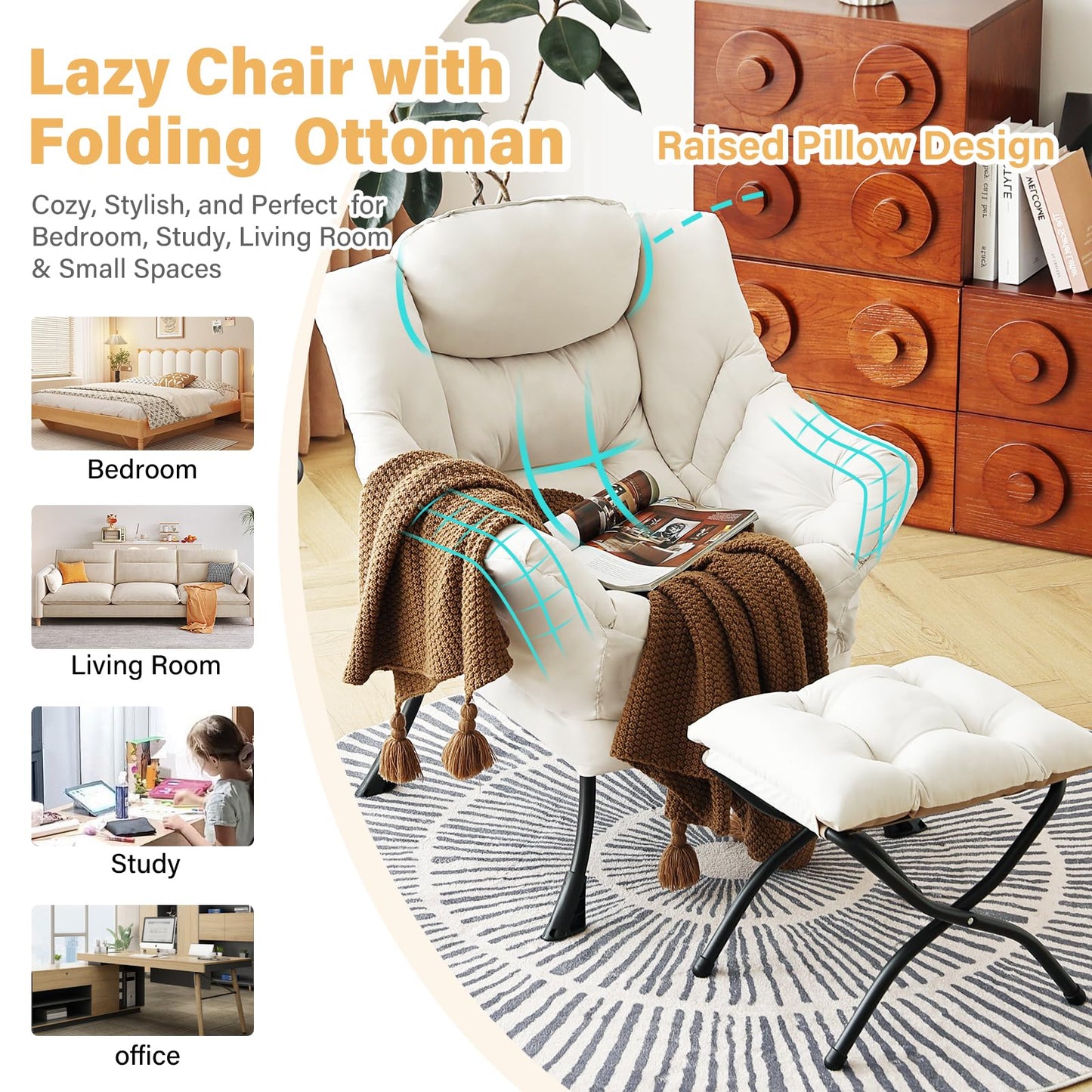 Furlide Lazy Chair with Ottoman, Modern Accent Chair with Armrests and a Side Pocket, Beige Accent Chairs, Reading Chairs, Oversized Armchairs for Bedroom, Study, Living Room, Courtyard