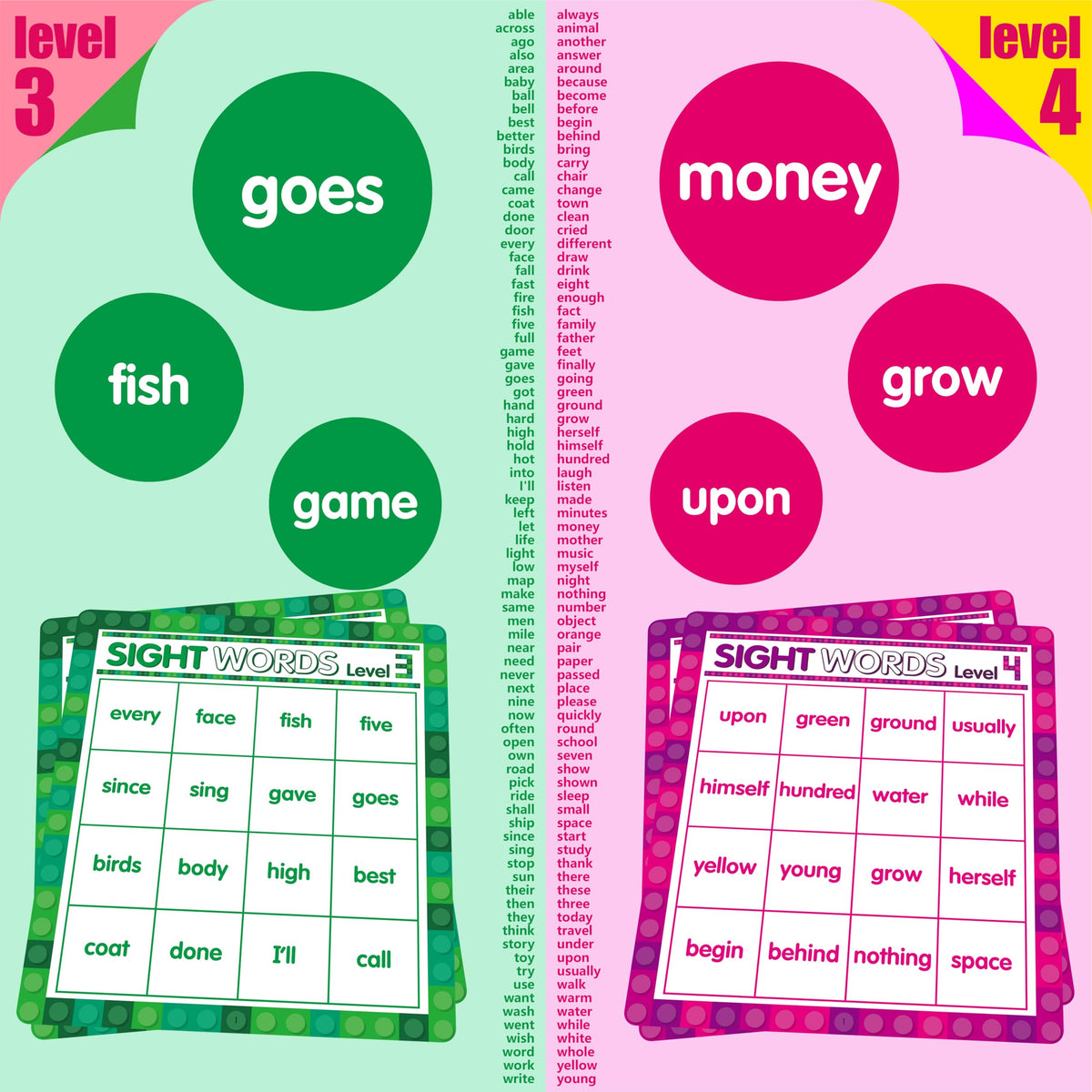 SpriteGru Sight Word Bingo Game, 160 Sight Words Learn to Read Level 3 & Level 4 Bingo Board Game Dolch's & Fry's Words Lists for Kindergarten and Preschool Kids 4-8, Perfect for Classroom & At Home