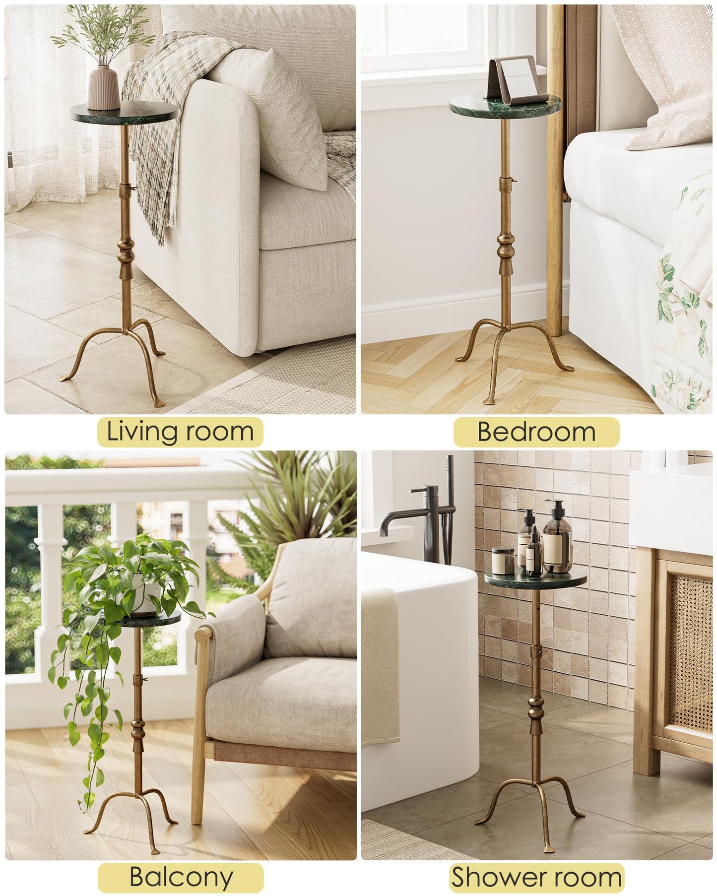 Adjustable Height Round Pedestal Table - 22-30 Inch, Modern Martini Cocktail End Table with Natural Travertine Top & Antique Brass Base for Small Spaces Living Room, Bedroom (Green Marble)