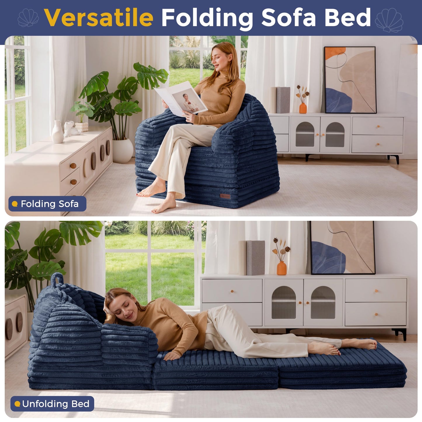 MAXYOYO Folding Sofa Bed, 2 in 1 Convertible Sofa to Lounger Comfy Faux Fur Bean Bag Chair for Adults, Floor Single Couch Chair with Handle, Couch Bed for Living Room Bedroom, Navy