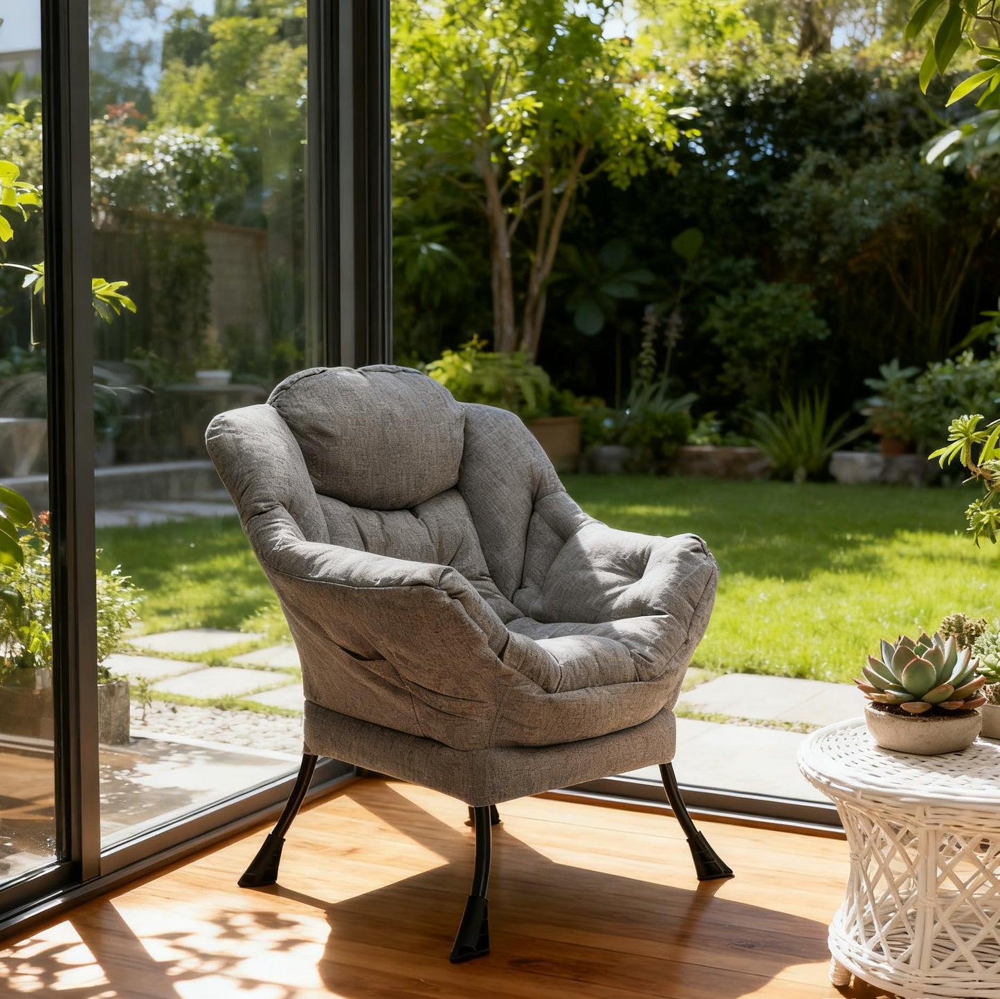 HollyHOME Lazy Chair with Armrest and Side Pocket, Comfy Accent Lounge Chair,Leisure Sofa Armchair for Living Room, Bedroom, Dorm, or Small Spaces, Oversized Reading Sofa Chair,Cotton-Linen Grey