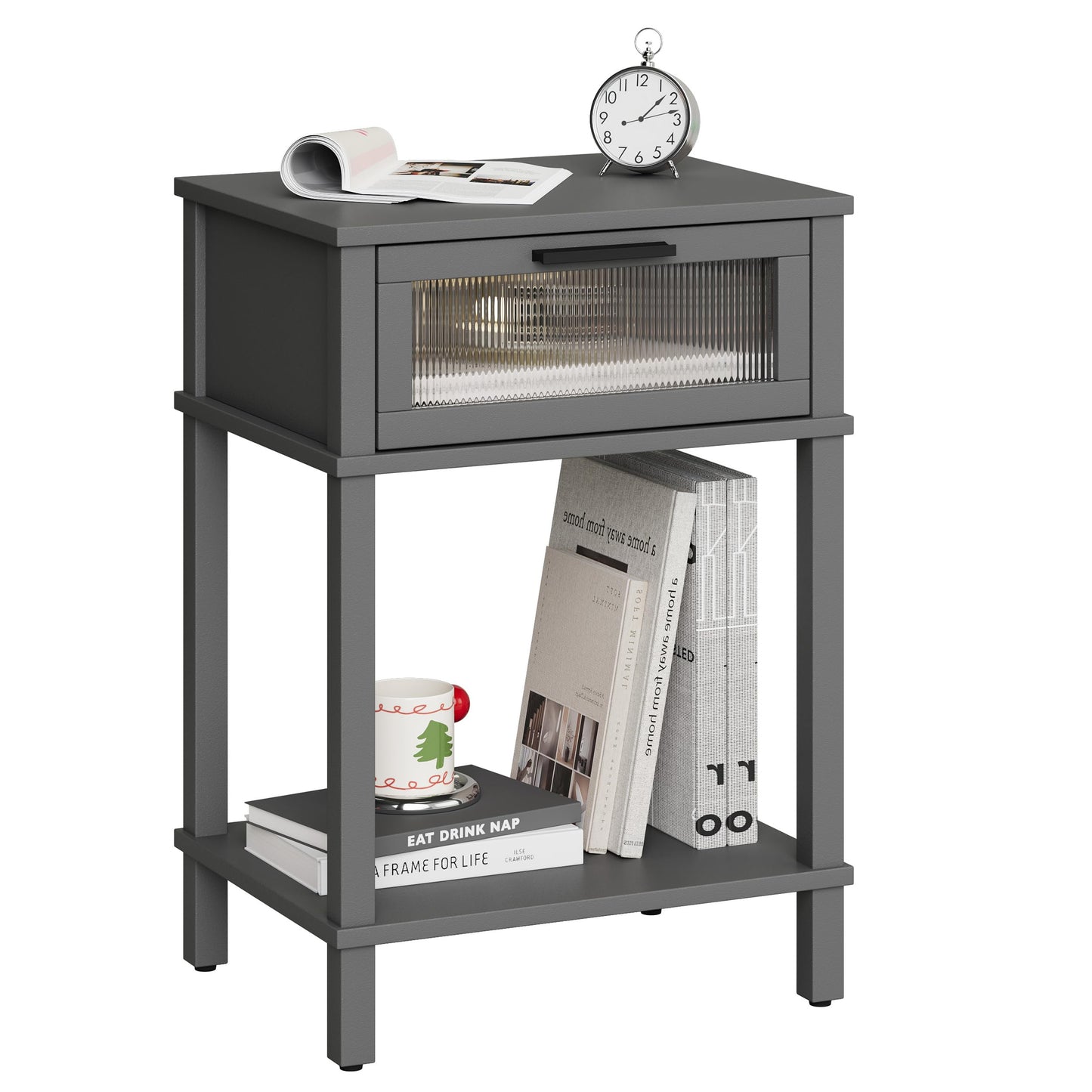 Nightstand Wooden Bedside Table with Drawer Grey Night Stands Modern Style Small End Table Side Table with Storage Shelf for Bedroom Living Room MLBZ10G