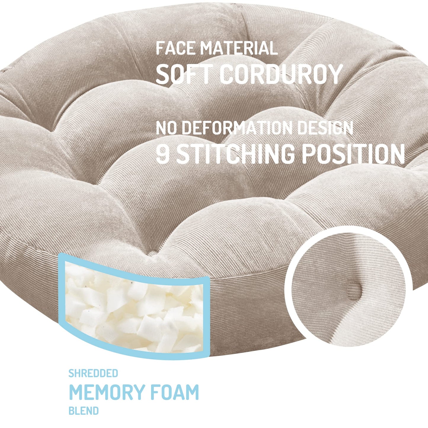 Degrees of Comfort Floor Cushion 6 Pack for Meditation, Office & Study Room – Corduroy Soft Seating Set, 22 Inch, High-Density Foam, Round Shape, Beige