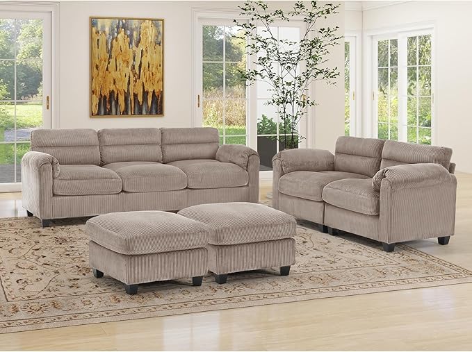 HAOMARKETS Corduroy 4-Piece Sofa Set, Upholstered Ottoman Set of 2, Loveseat