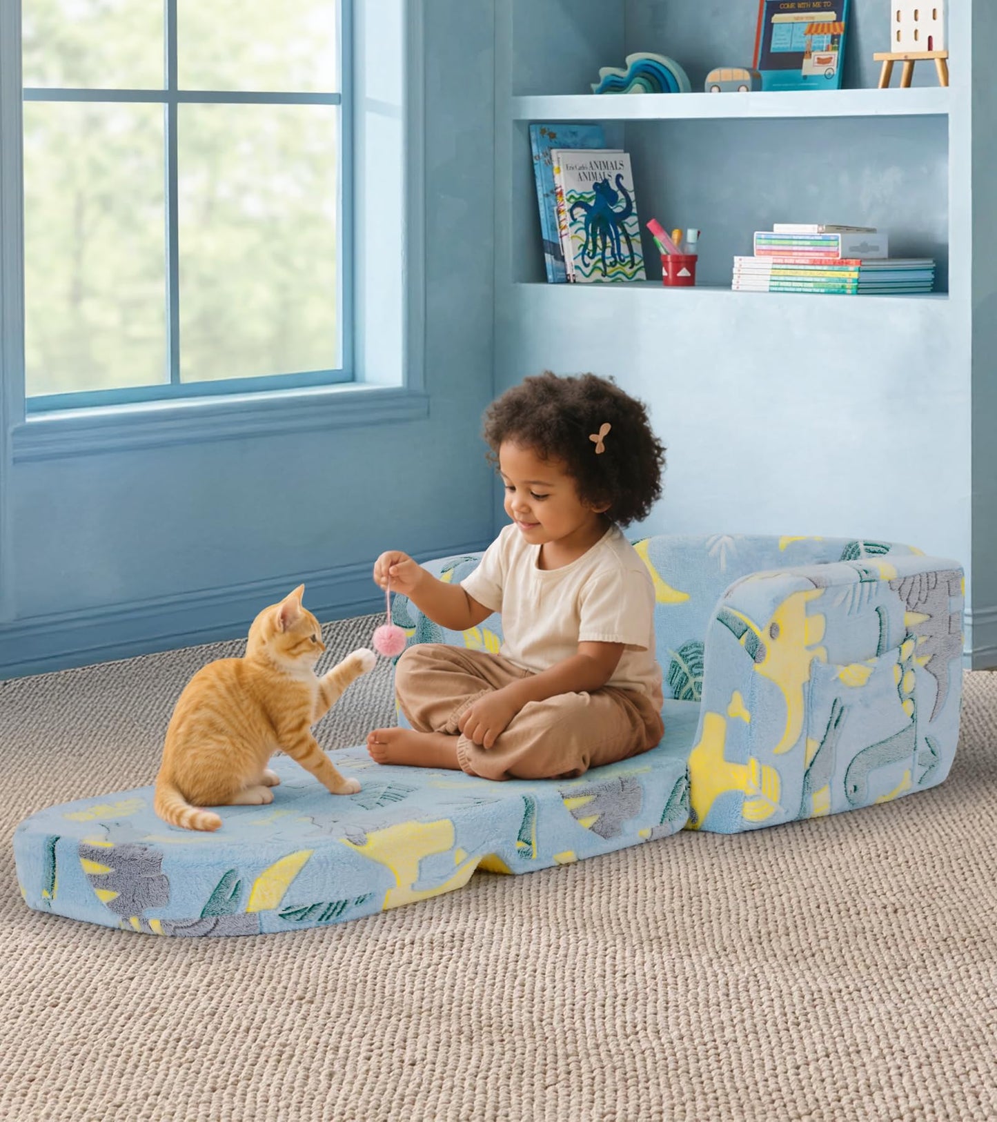 Kids Couch, 2-in-1 Soft Toddler Couch Fold Out with Blanket and Cloud Pillow, Glow in The Dark, Toddler Chair Comfy, Convertible Sofa, Gifts for Kids Girl Boys, Medium Dinosaur
