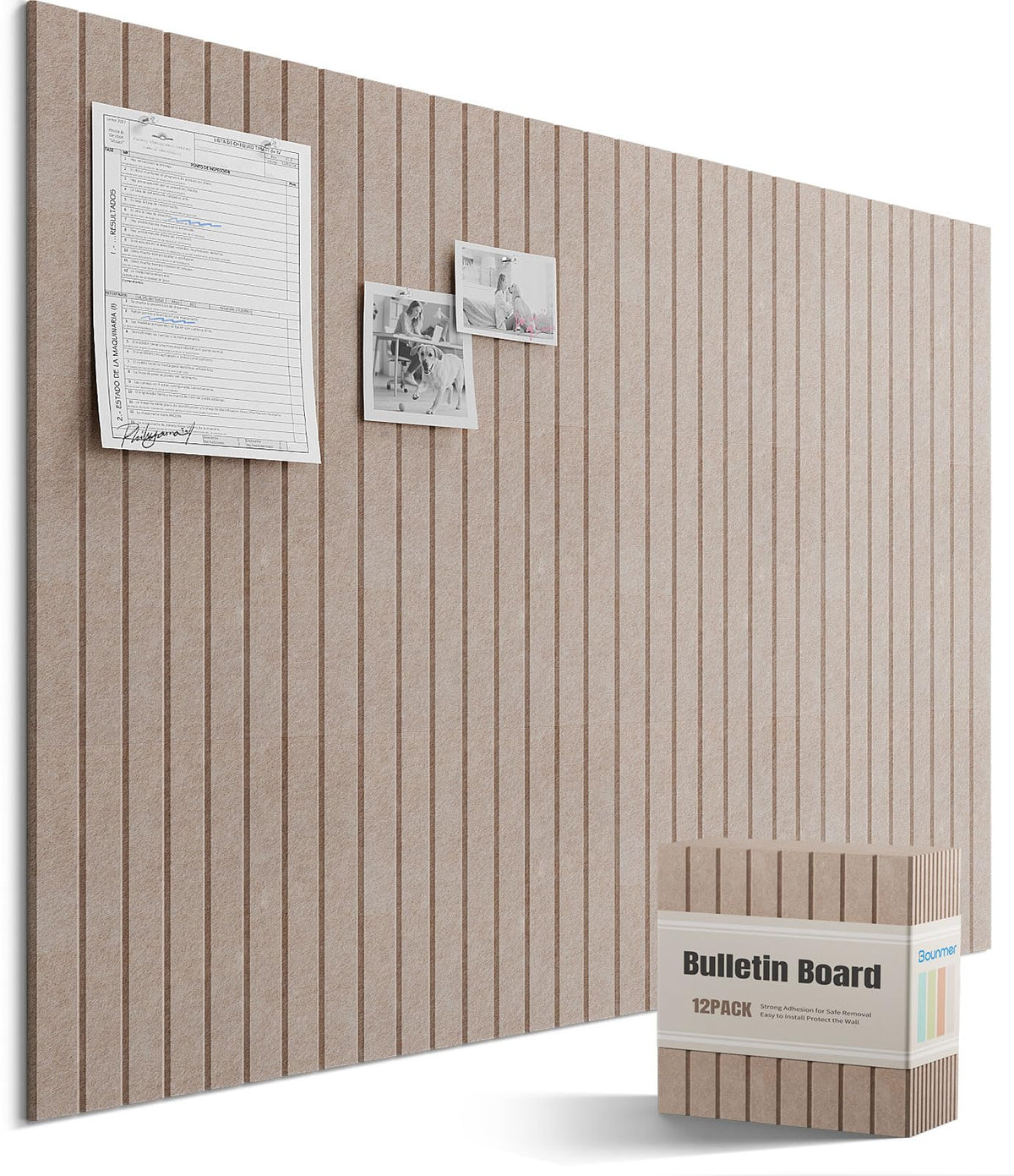 Bounmer Large Cork Board Alternative 48“ x 36”, 12-Pack Felt Bulletin Board Tiles with 60 Safe Removable Adhesive Tabs & 30 Pushpins, Cork Boards for Office Walls Decor (Taupe)