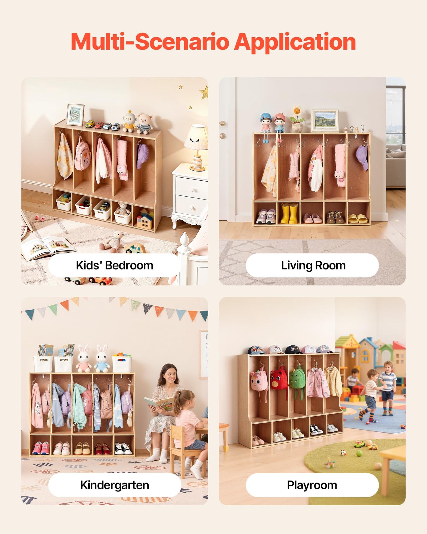 VEVOR 5-Section Coat Locker with Bench, Kids Lockers with 10 Hooks & Non-Slip Mat, Classroom Cubbies for Daycare, Home, Kindergarten- Natural