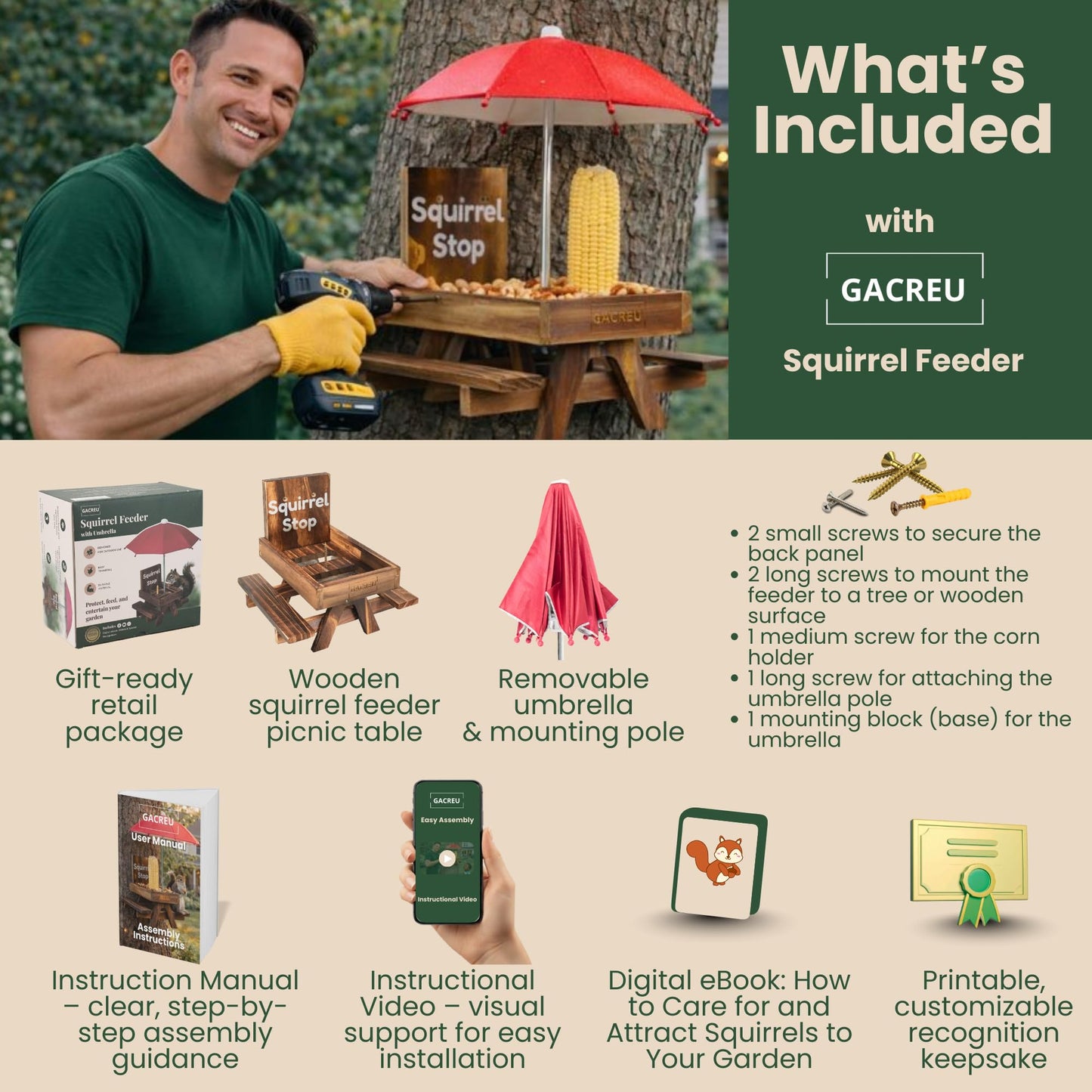 GACREU Squirrel Feeder Picnic Table – Wooden Bench Feeding Station with Umbrella, Drainage & Airflow – Easy Assembly Wildlife Feeder for Corn & Nuts – Unique Garden Gift