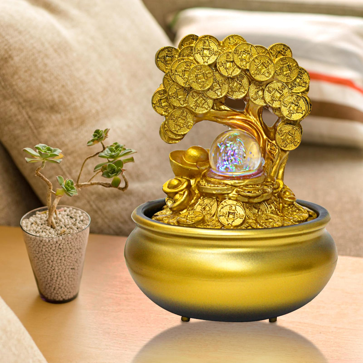 Gold Money Tree Feng Shui Desktop Water Fountain Waterfall Decoration with LED Light Portable Tabletop Decorative Zen Meditation Waterfall for Office Living Room Craft