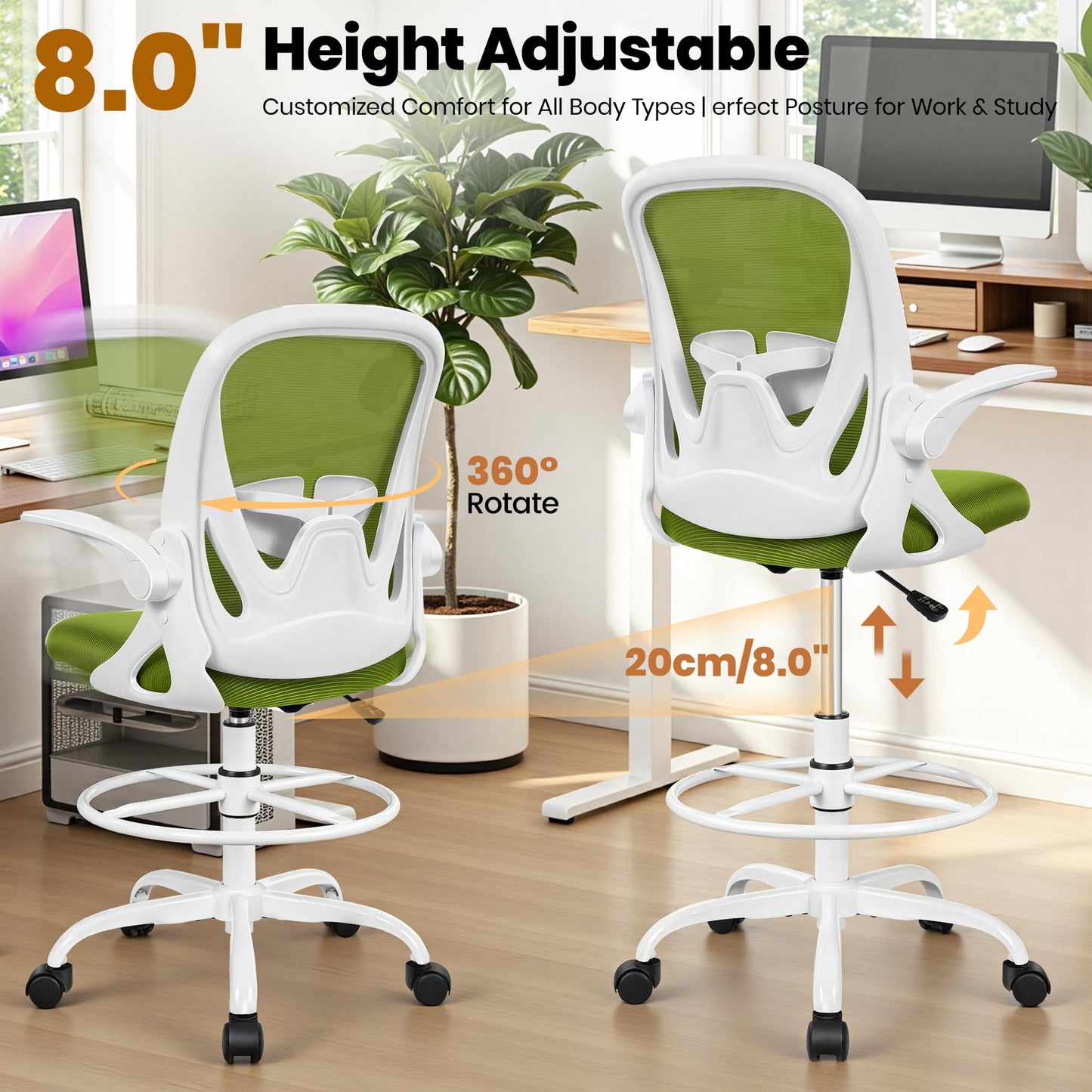 Primy Drafting Chair Tall Office Chair with Flip-up Armrests Executive Ergonomic Computer Standing Desk Chair with Lumbar Support and Adjustable Footrest Ring (AvocadoGreen)