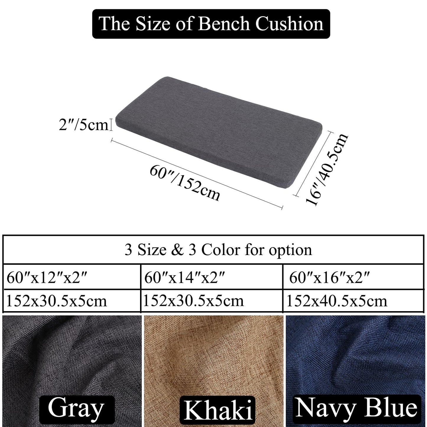Barpoullar 60x16 in Rectangle Bench Cushion for Indoor Furniture Non-Slip Long Dining Seat Pad, Washable Textured Fabric Window Cushions for Entryway Bench, Farmhouse Mudroom Piano Stool, Navy Blue