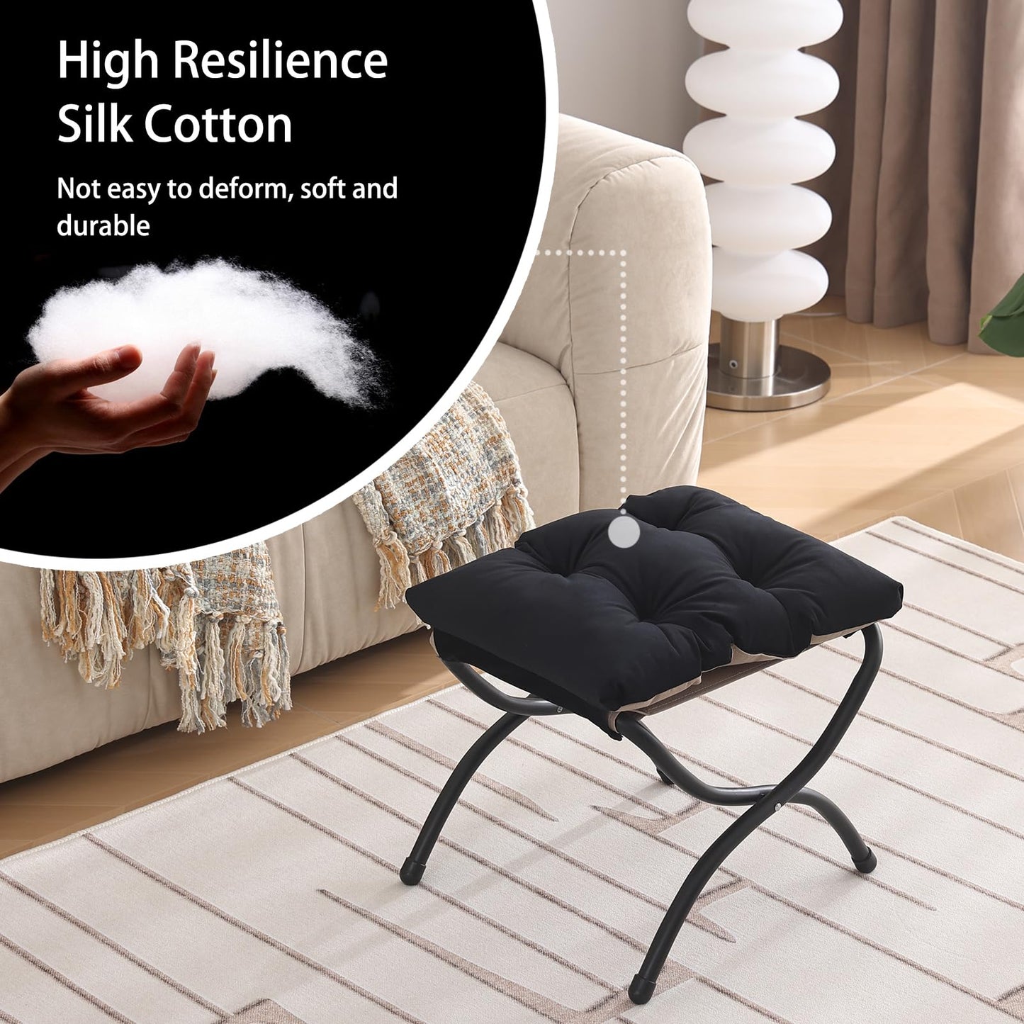 Welnow Folding Foot Stool, Upholstered Small Accent Ottoman with Detachable Thick Cotton Cushion Padded Sofa Stool and Metal Frame for Lazy Chair, Living Room, Bedroom, Black