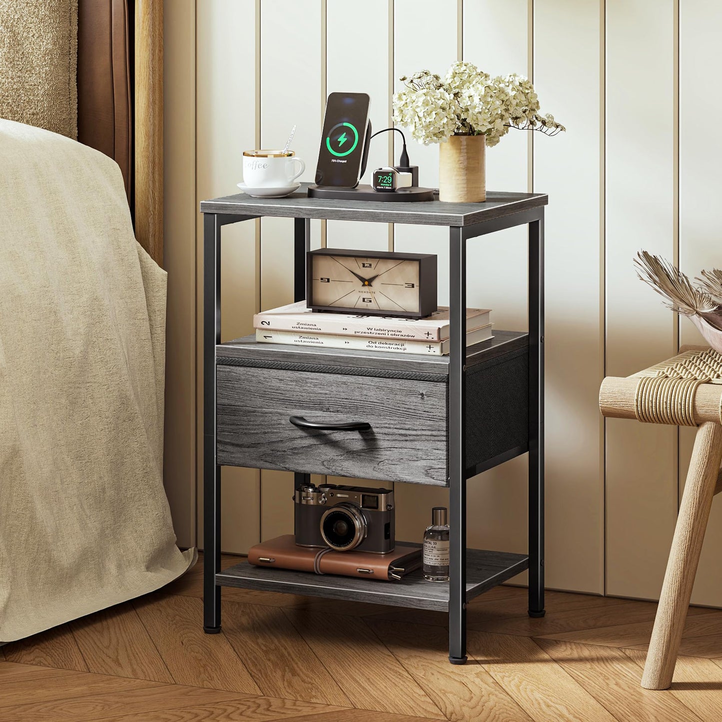 SUPERJARE Nightstand with Charging Station, Bed Side Table with Adjustable Fabric Drawer, Night Stand for Bedroom, 3-Tier Storage End Table, for Living Room, Grey