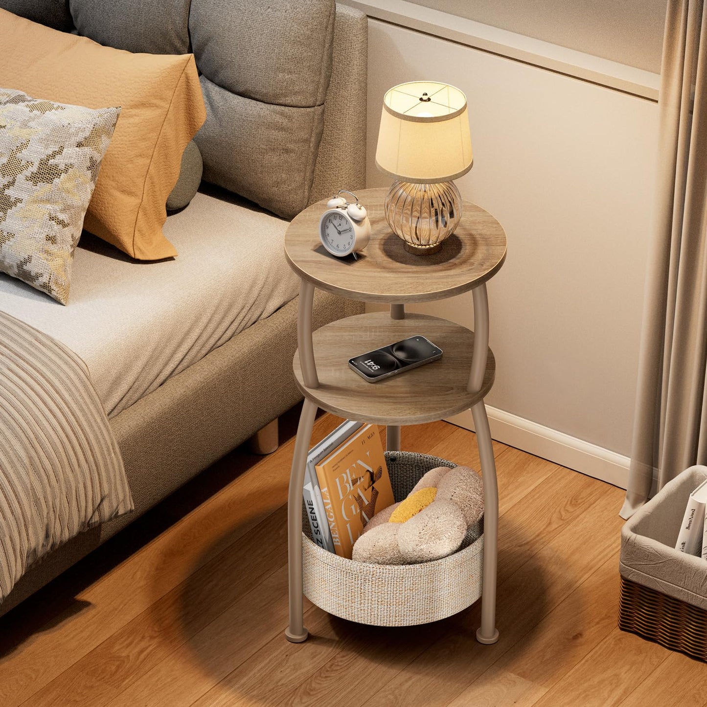 Yuede Small Side Table with Storage Basket, Space Saving Round End Table 3-Tier Bedside Corner Stand for Living Room, Bedroom, Garden and More 11.81in Light Oak
