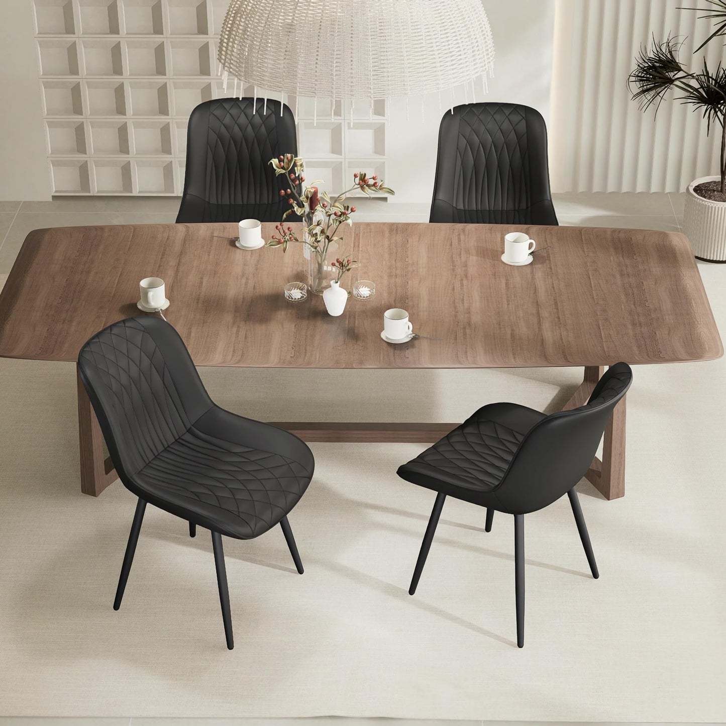 YOUNIKE Black Faux Leather Dining Chairs Set of 2 Mid-Century Modern High Padded Back Comfy Upholstered Kitchen Chairs with Metal Legs Wide Seat Accent Side Chair for Dining/Living/Waiting Room
