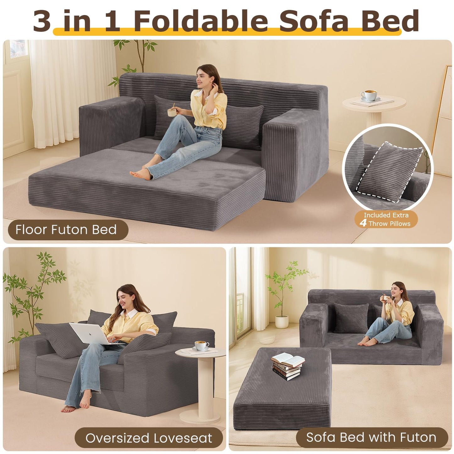 cidludto Convertible Sofa Bed, 3 in 1 Loveseat Folding Couch Bed Foldable - Boneless Couch & Floor Futon, Corduroy Pull Out Sofa Bed with 4 Pillows for Living Room, Grey