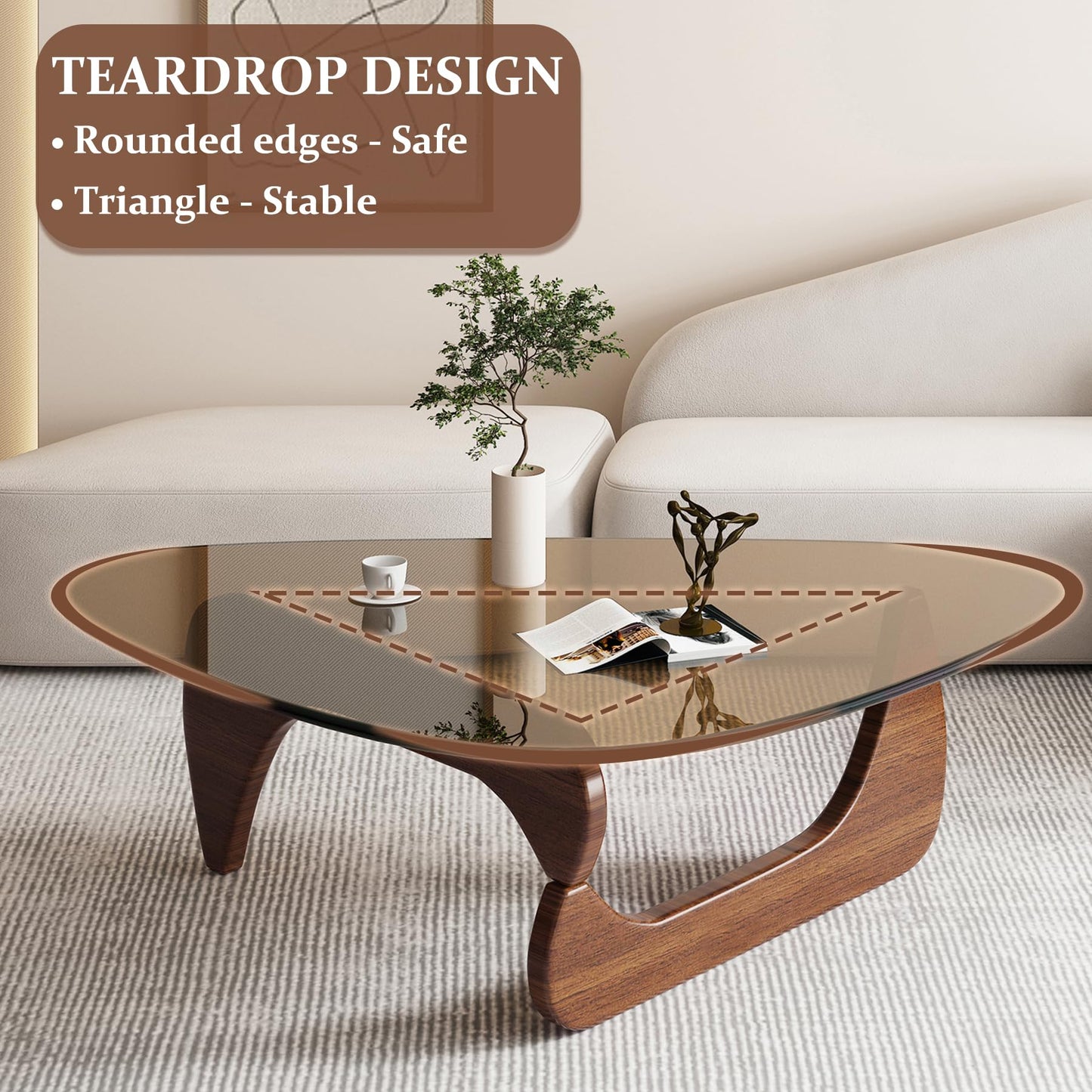 Glass Coffee Table, Triangle Coffee Table for Small Space, 35.8" Mid Century Modern Center Tables w/Tempered Glass Tabletop & Solid Legs, for Living Room Home Office, Unique