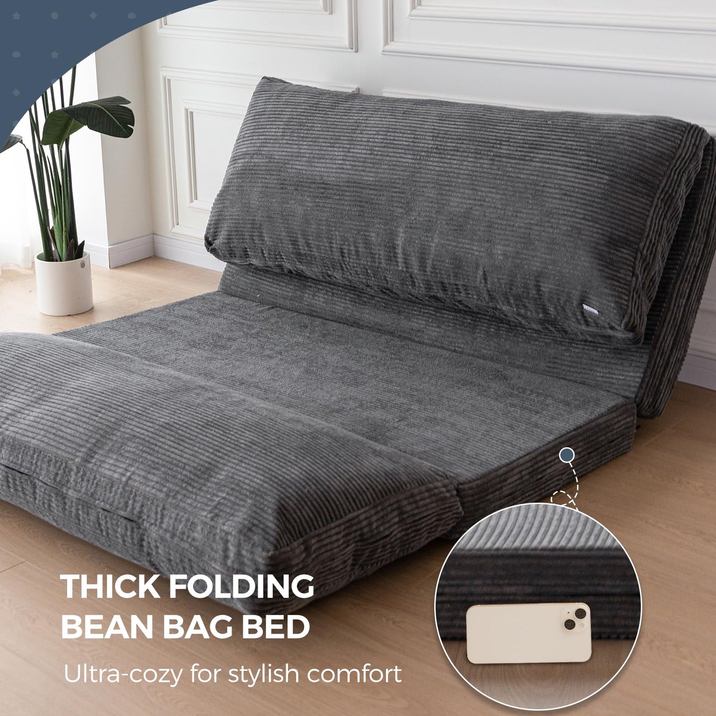 MAXYOYO Folding Sofa Bed, Extra Thick and Long Floor Sofa Convertible Chair with Washable Cover, Floor Couch Lounge Bean Bag Bed for Living Room, Dark Grey, 30x91 Inch