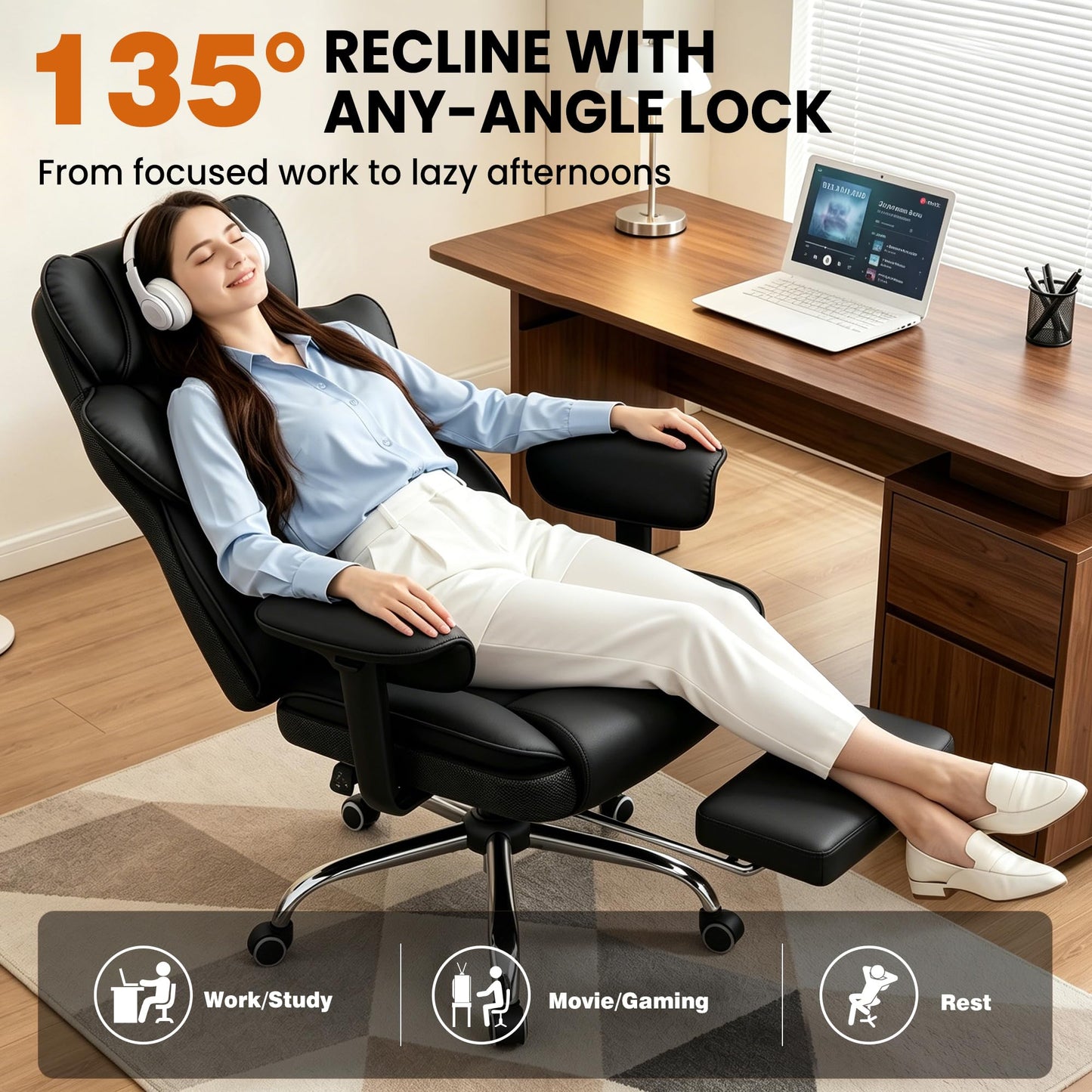 Stella Mia Big and Tall Office Chair with Foot Rest, Desk Chair with Soft Adjustable Armrests, Ergonomic High Back Gaming Chair with Lumbar Support, Executive Computer Chairs (PU Leather, Deep Black)