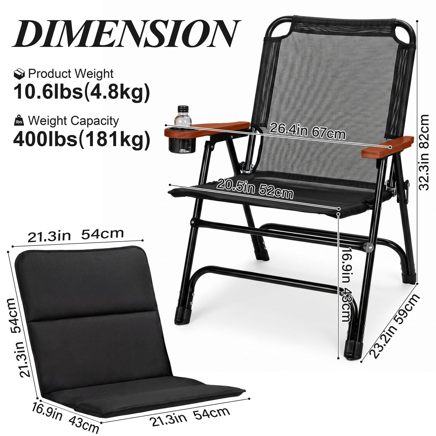 Padded Oversized Folding Camping Chair for Adults, Removable Cotton Pad Lawn Chair with Wooden Hard Armrests and Cup Holders, Portable Collapsible Quad Chair for Outside, Support up to 400lbs, Black