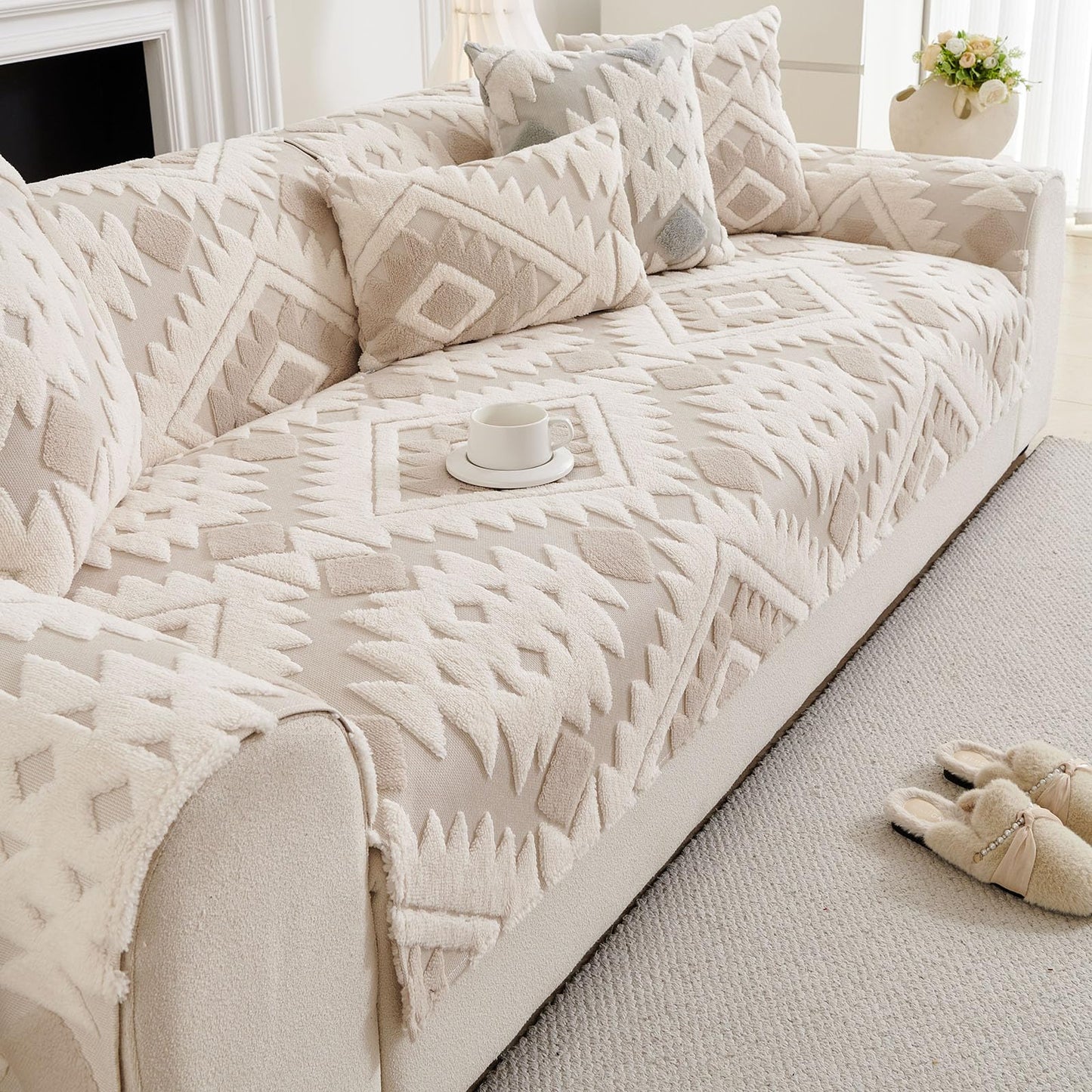 XSlive Boho Plush Couch Covers for Sofa Washable, Fuzzy Soft Couch Cover for Sectional Sofa, Non Slip Jacquard Sofa Cover Furniture Protector for Kids, Pets (Light Coffee,28"x70")