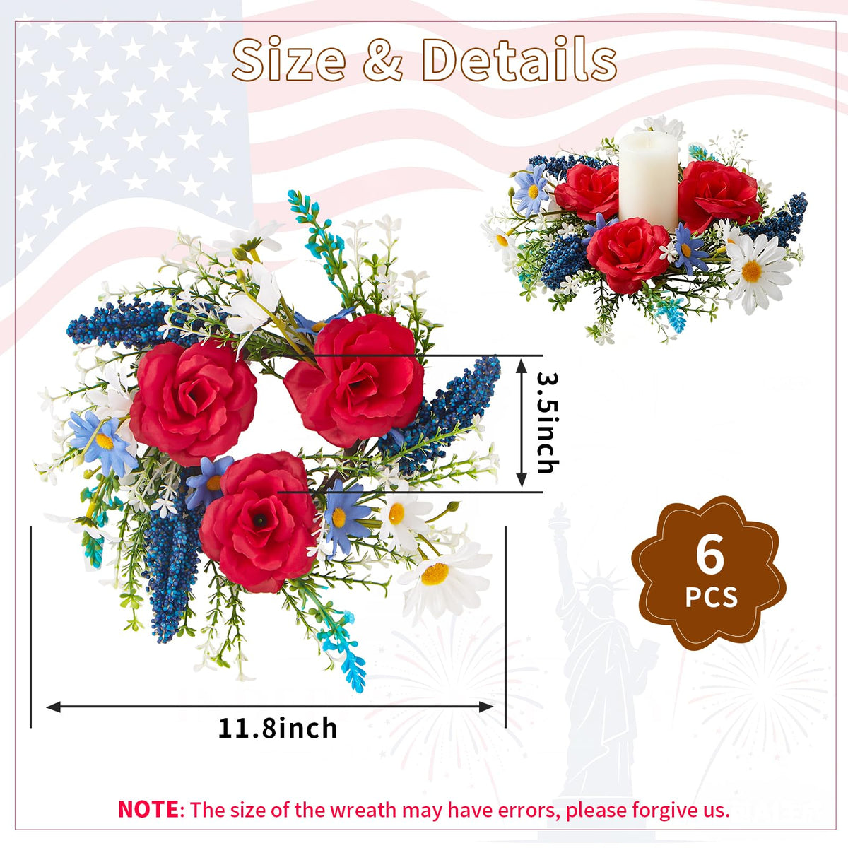 4th of July Candle Ring Wreath 6Pcs, 11.8 Inch Small Patriotic Wreath, Mini Artificial Rose Lavender Daisy Wreath, Tabletop/Candle Ring Decor for Home Front Door, Porch, Wall, Window, Cabinets